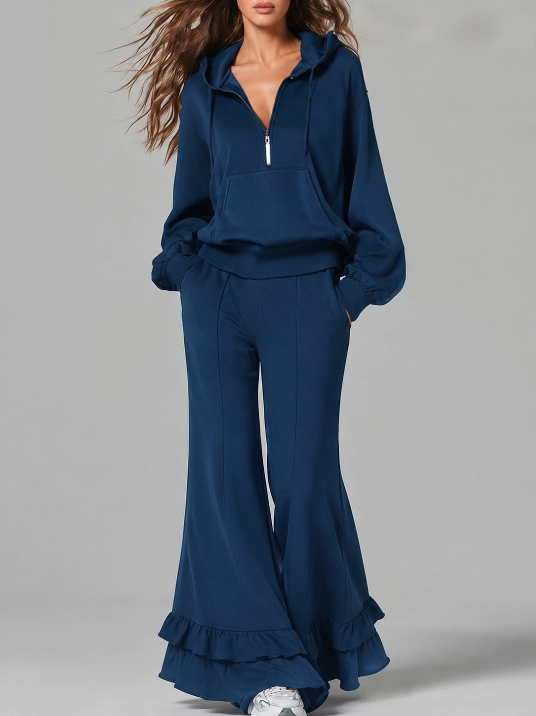 Cozy Two Piece Tracksuit with Half Zip Hoodie and Ruffle Hem Wide Leg Pants