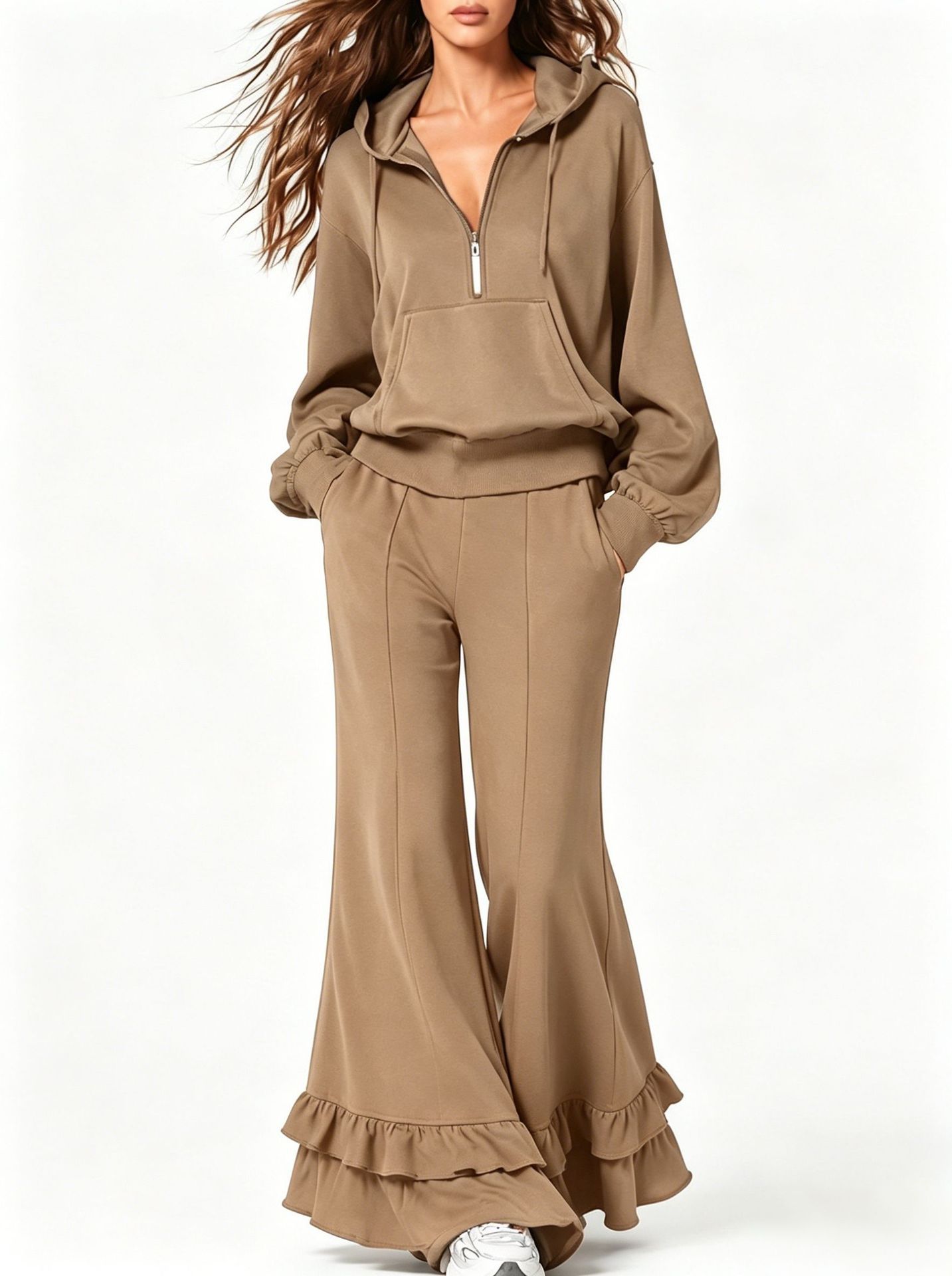 Cozy Two Piece Tracksuit with Half Zip Hoodie and Ruffle Hem Wide Leg Pants