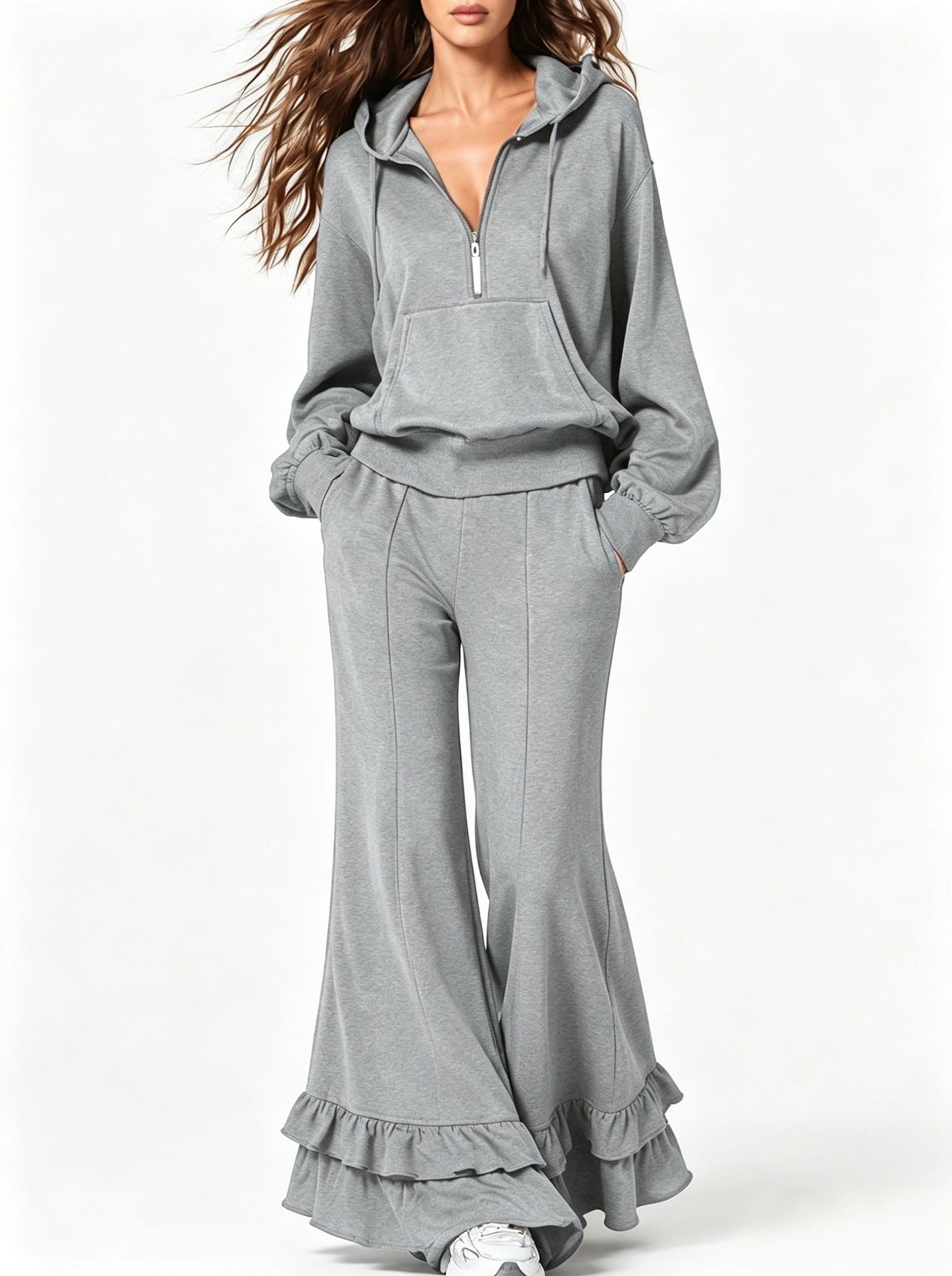 Cozy Two Piece Tracksuit with Half Zip Hoodie and Ruffle Hem Wide Leg Pants