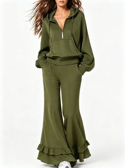Cozy Two Piece Tracksuit with Half Zip Hoodie and Ruffle Hem Wide Leg Pants