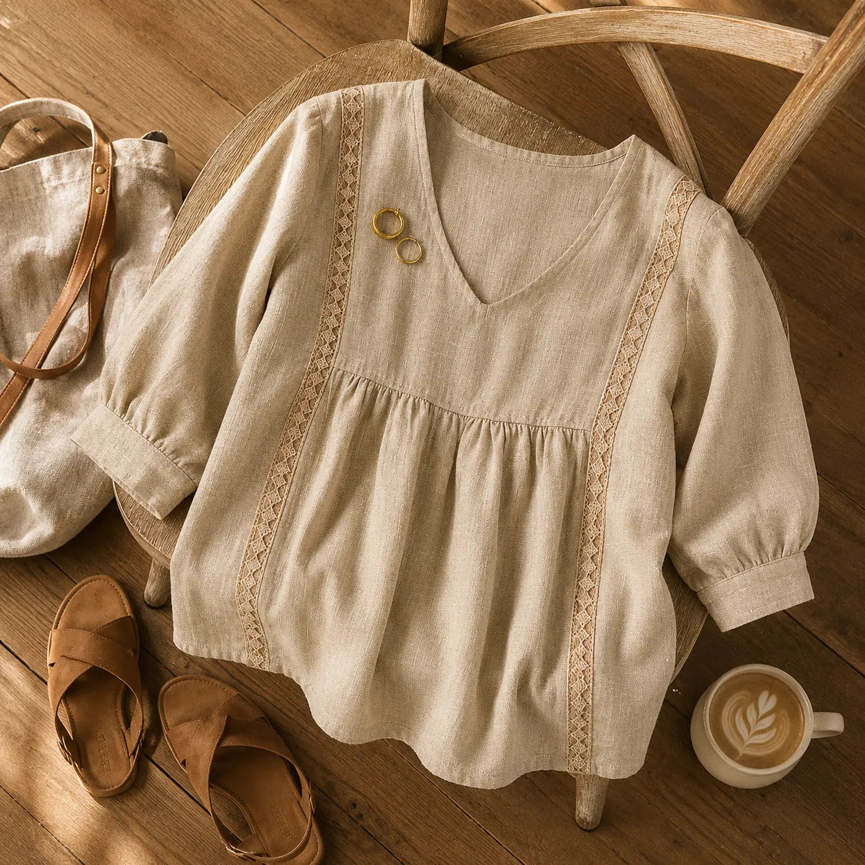 Lace Trim V Neck Babydoll Blouse for Women