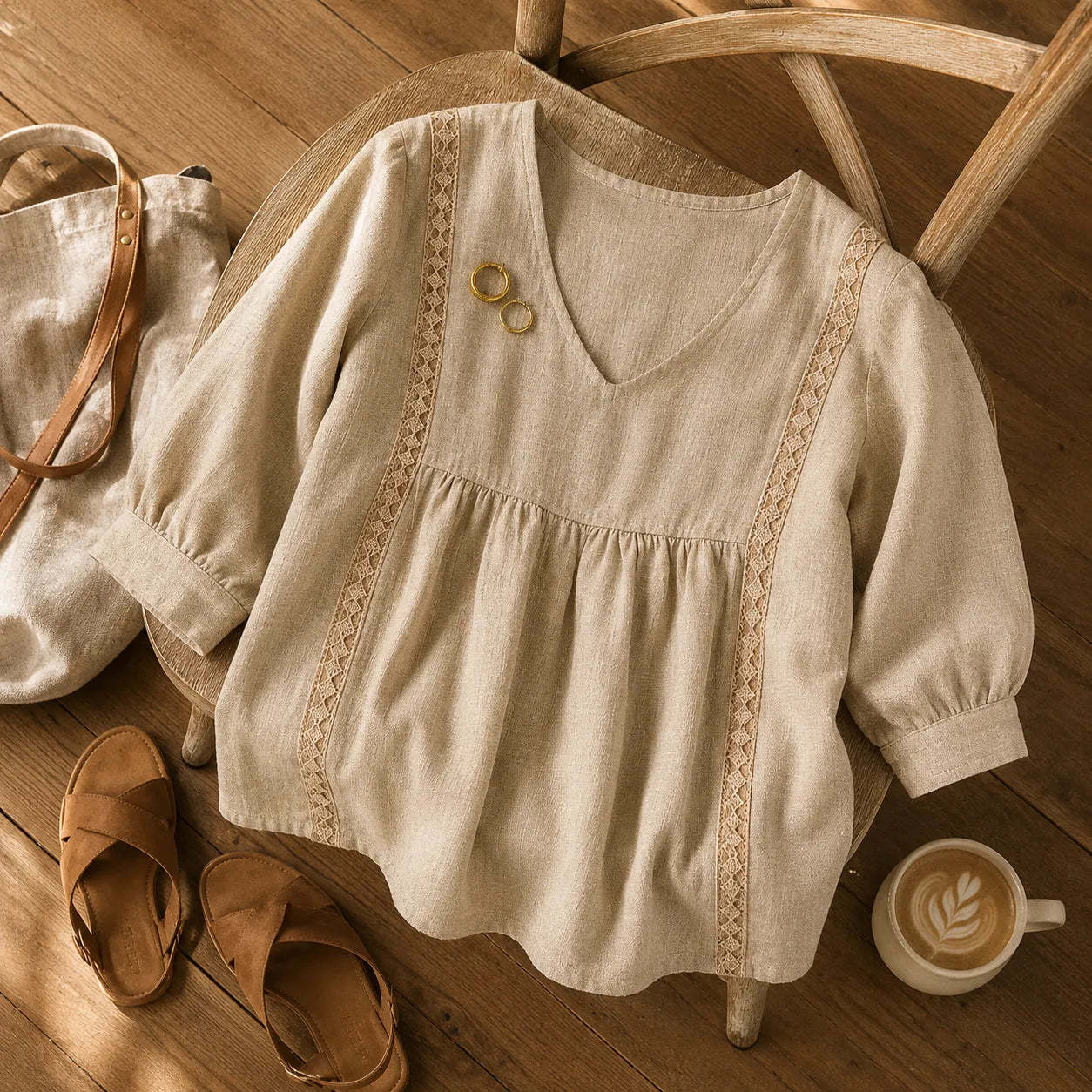 Lace Trim V Neck Babydoll Blouse for Women