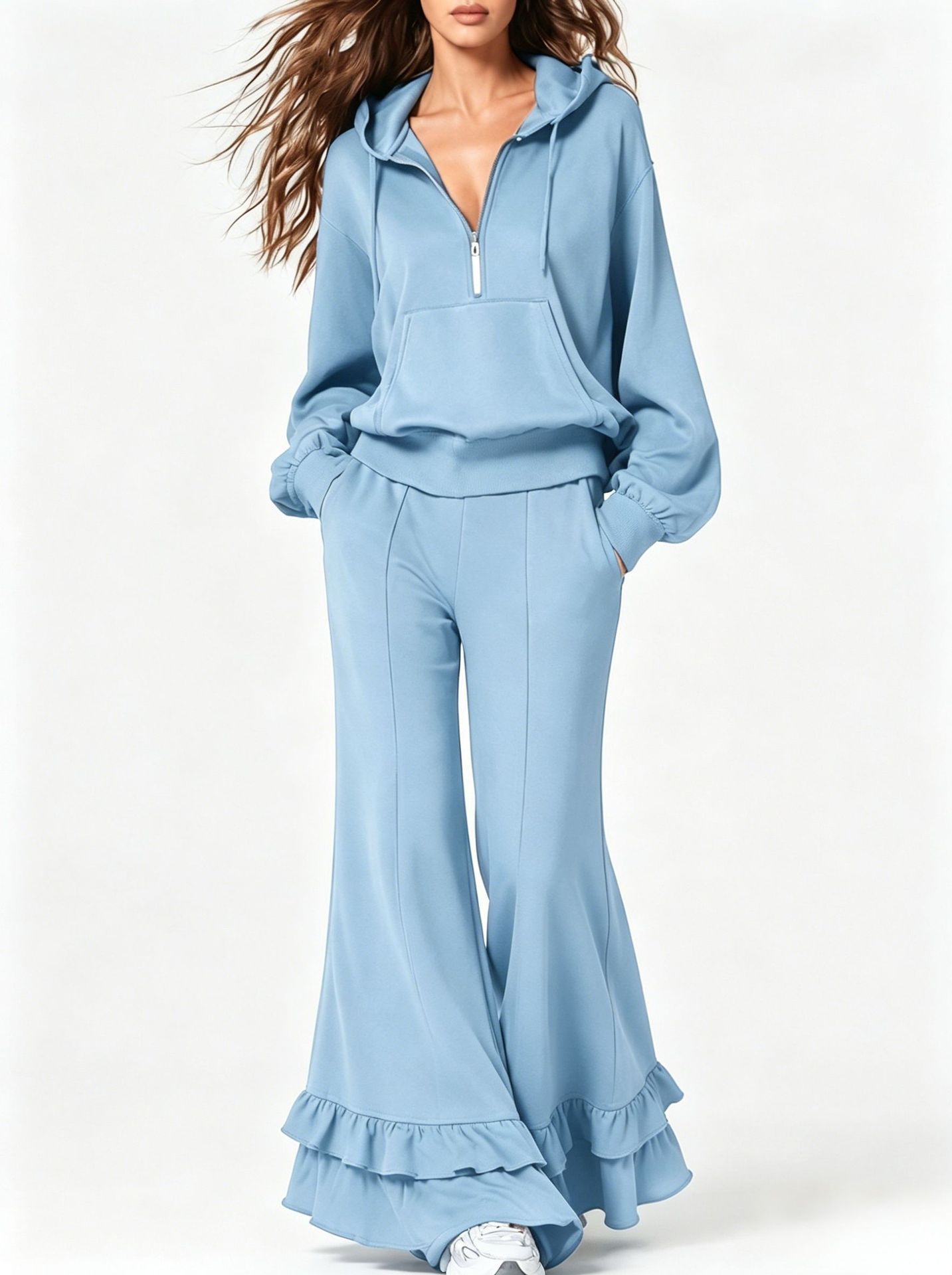 Cozy Two Piece Tracksuit with Half Zip Hoodie and Ruffle Hem Wide Leg Pants