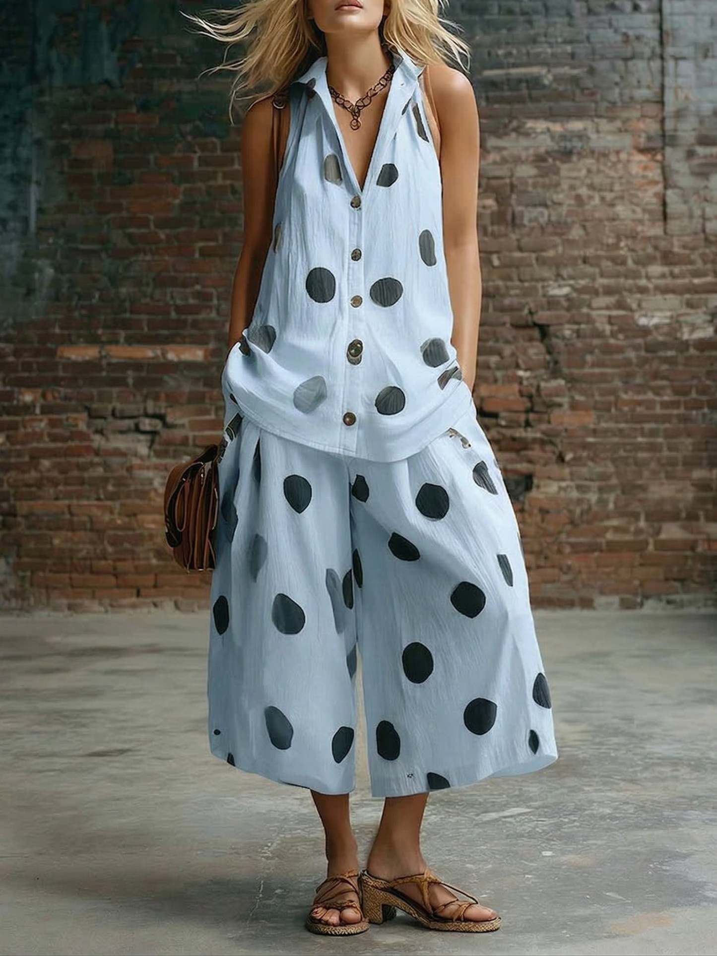Elegant Polka Dot Shirt And Wide-leg Cropped Trousers Two-piece Set