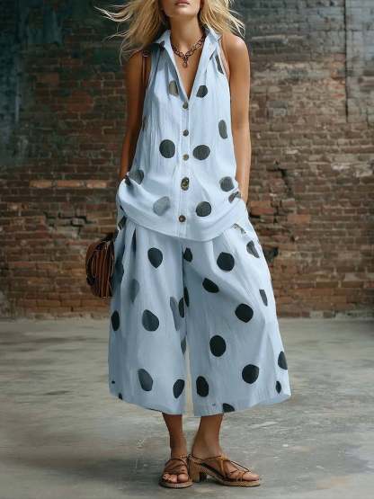 Elegant Polka Dot Shirt And Wide-leg Cropped Trousers Two-piece Set
