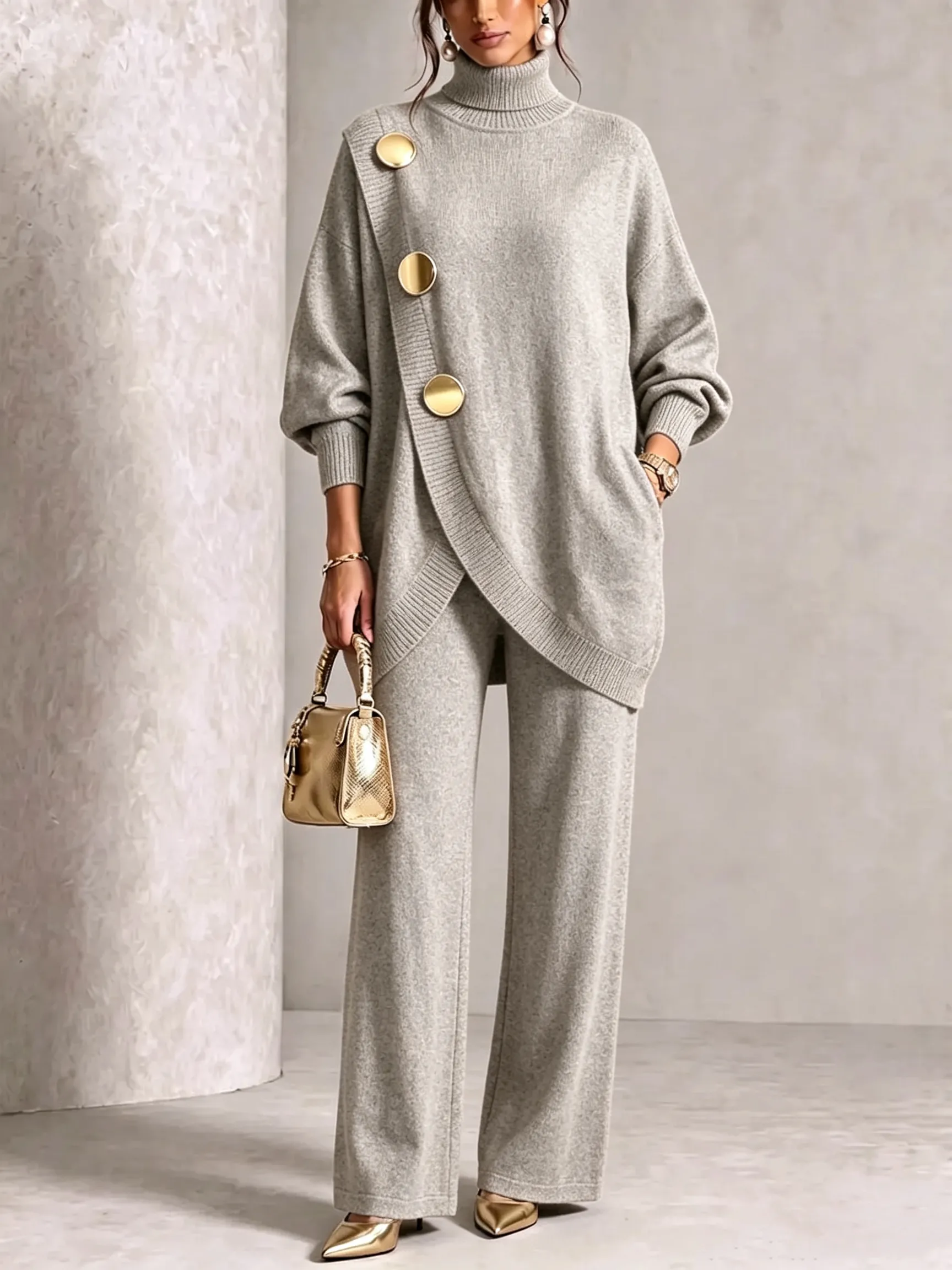 Elegant Burgundy Knit Asymmetrical Button Set