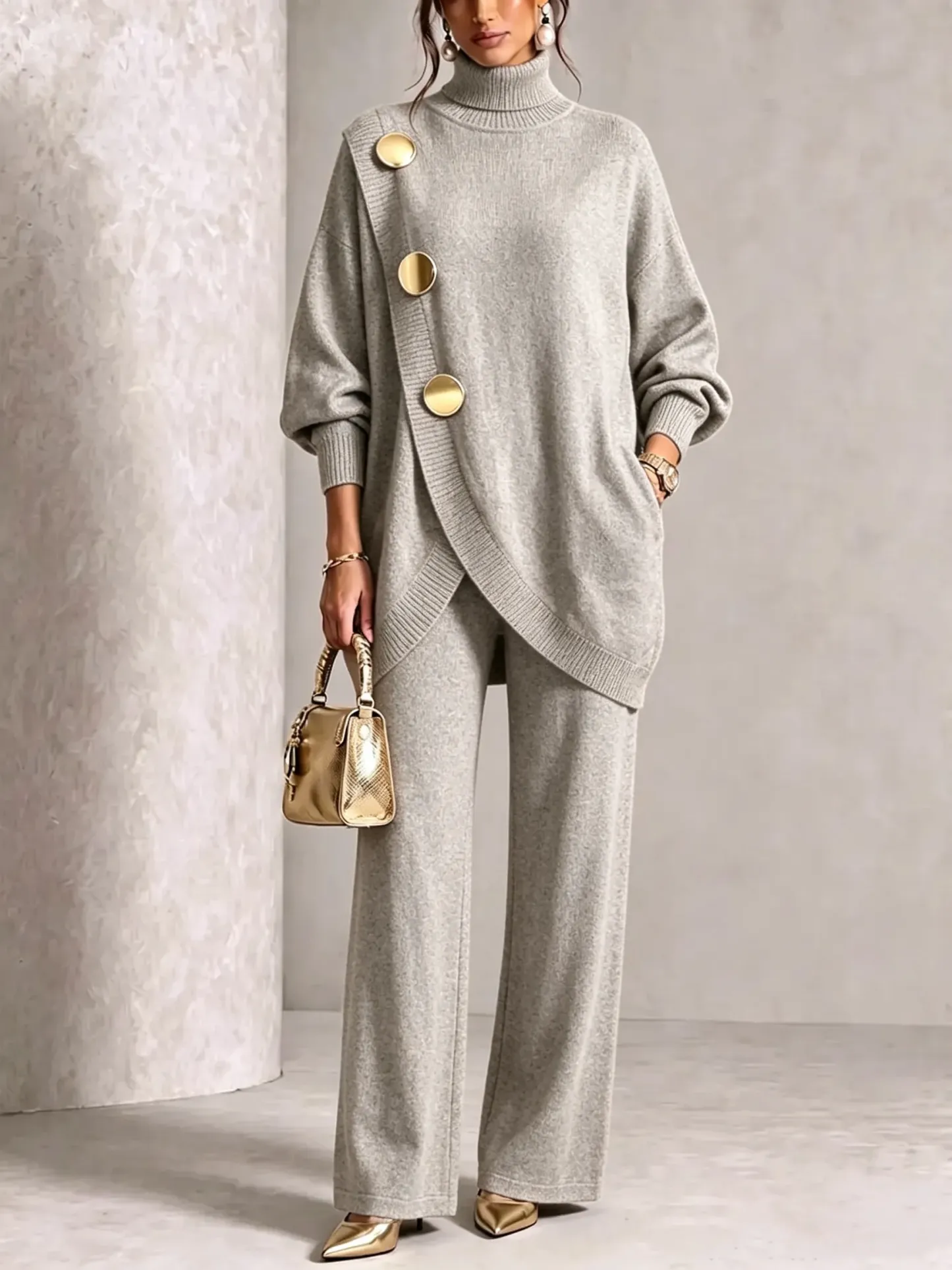 Elegant Burgundy Knit Asymmetrical Button Set