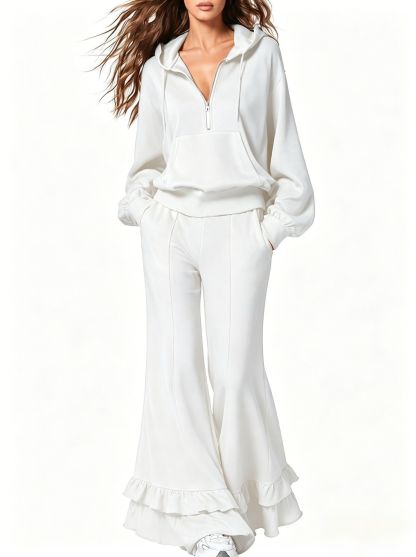 Cozy Two Piece Tracksuit with Half Zip Hoodie and Ruffle Hem Wide Leg Pants