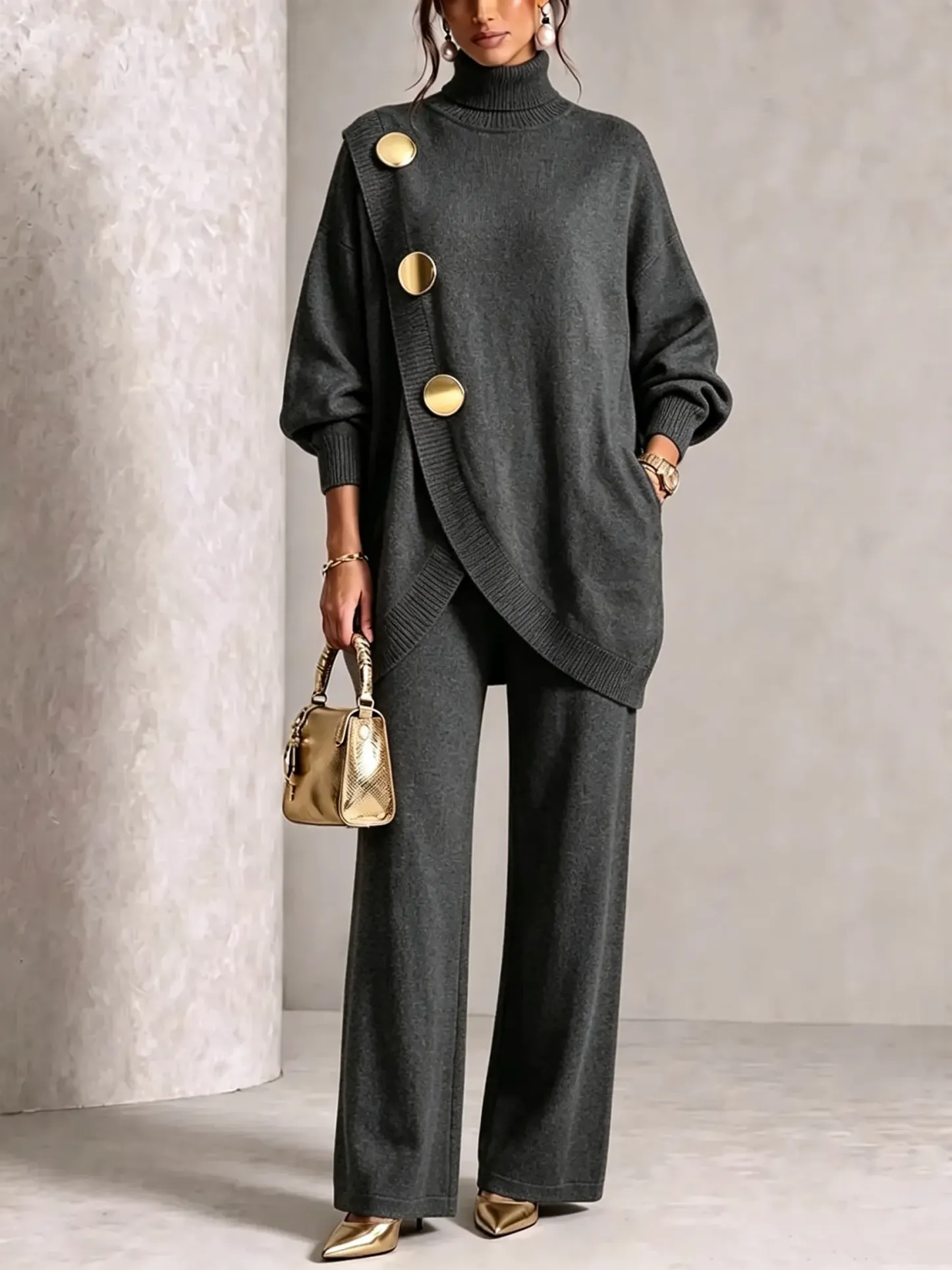 Elegant Burgundy Knit Asymmetrical Button Set