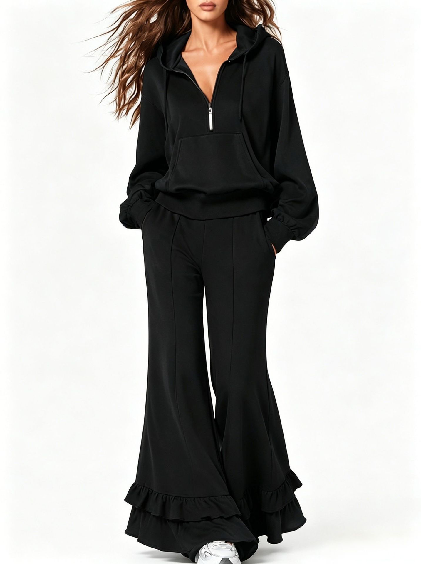 Cozy Two Piece Tracksuit with Half Zip Hoodie and Ruffle Hem Wide Leg Pants