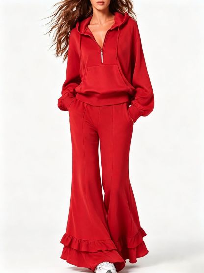 Cozy Two Piece Tracksuit with Half Zip Hoodie and Ruffle Hem Wide Leg Pants
