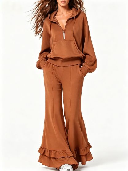Cozy Two Piece Tracksuit with Half Zip Hoodie and Ruffle Hem Wide Leg Pants