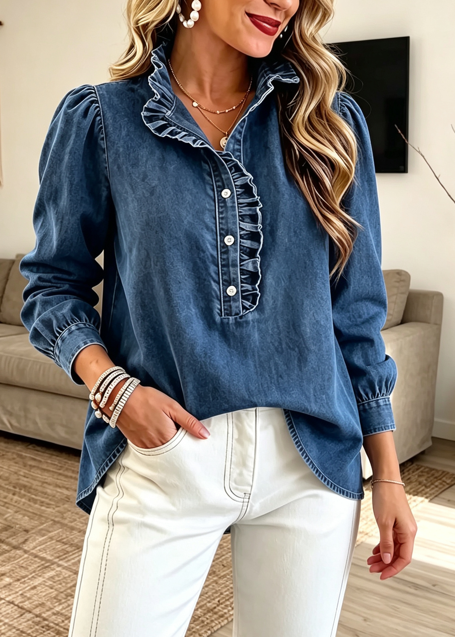 Romantic Ruffled Trim Washed Denim Blouse