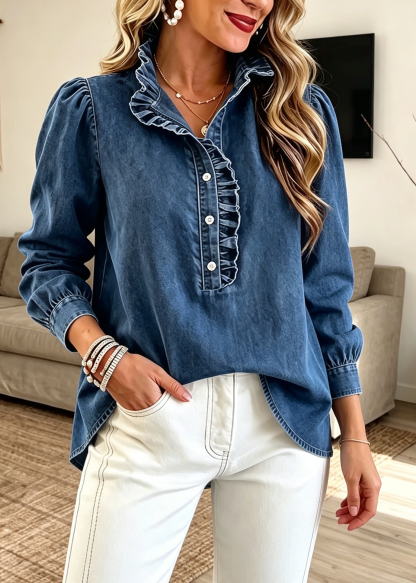 Romantic Ruffled Trim Washed Denim Blouse