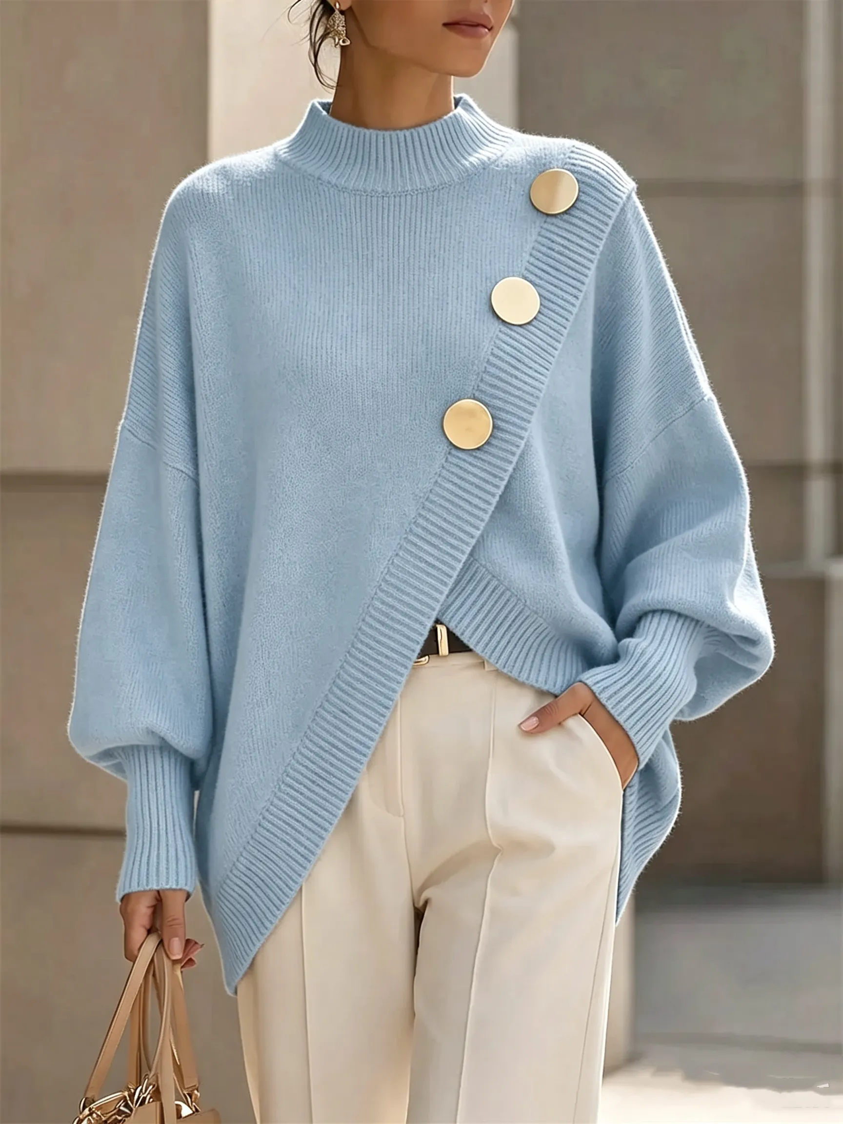 Elegant Asymmetrical Gold-Button Knit Sweater