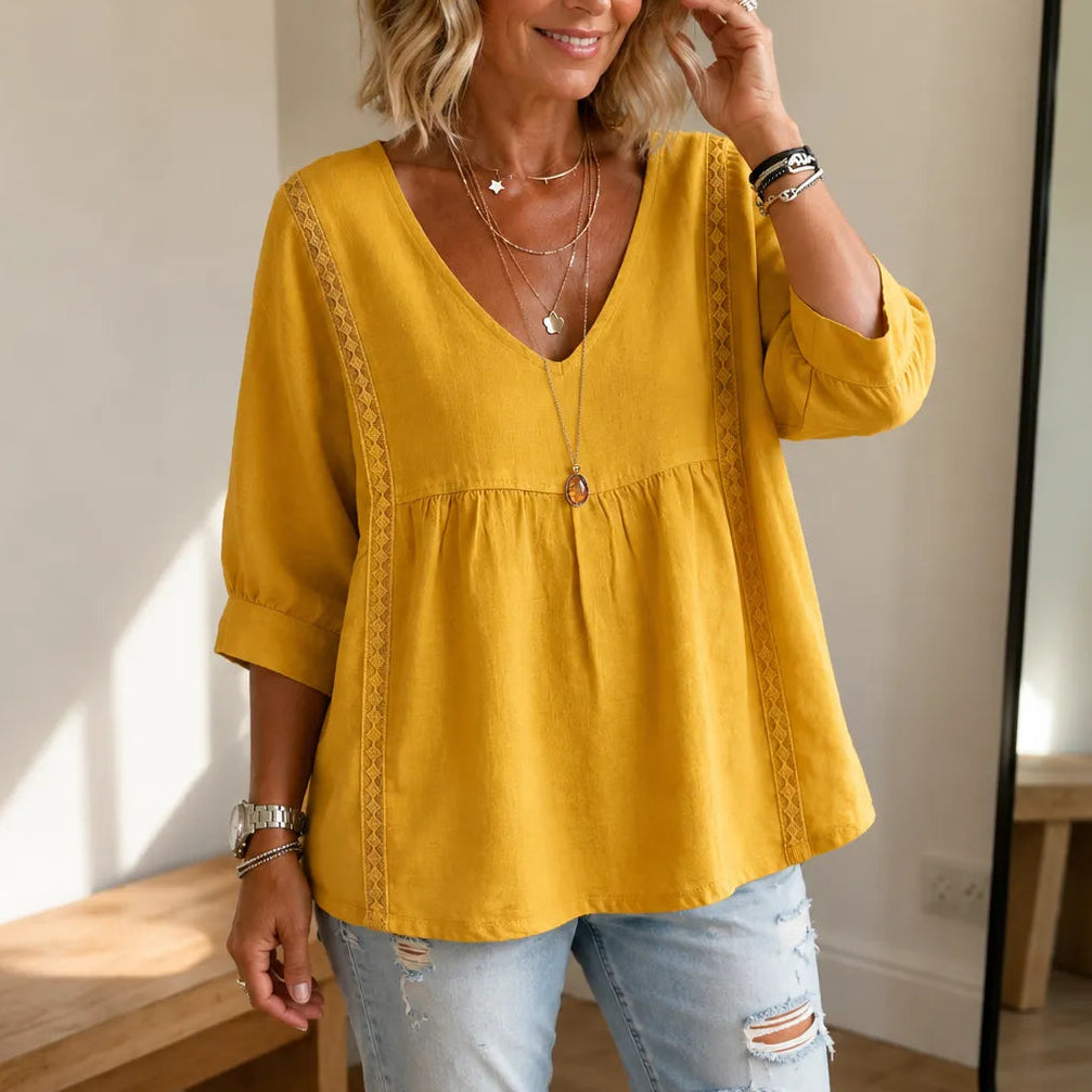Lace Trim V Neck Babydoll Blouse for Women