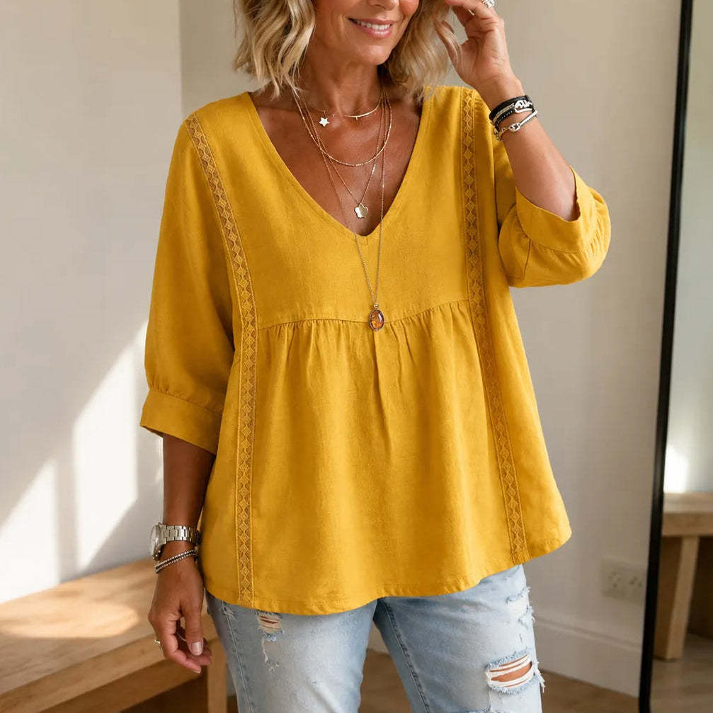 Lace Trim V Neck Babydoll Blouse for Women