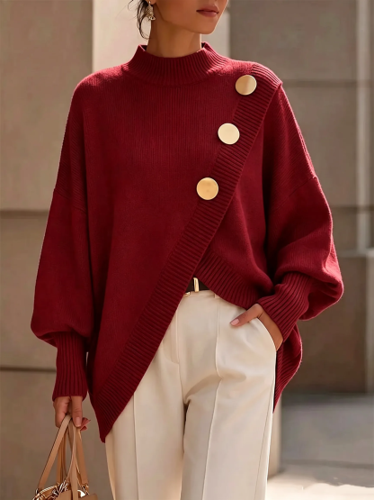 Elegant Asymmetrical Gold-Button Knit Sweater