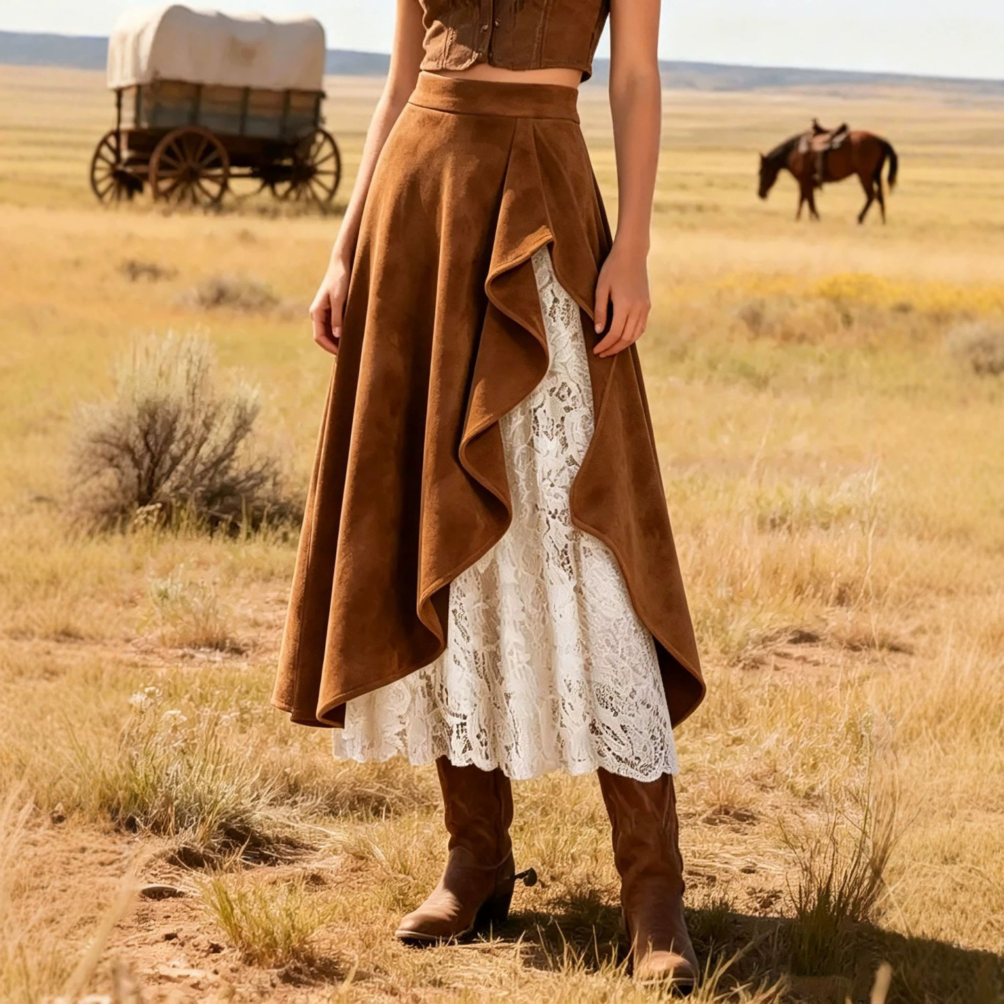 Women's High-waisted Casual Loose-fitting Faux Suede And Lace A-line Skirt