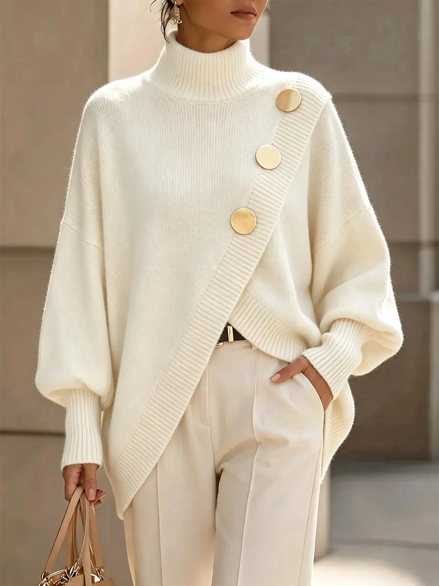 Elegant Asymmetrical Gold-Button Knit Sweater