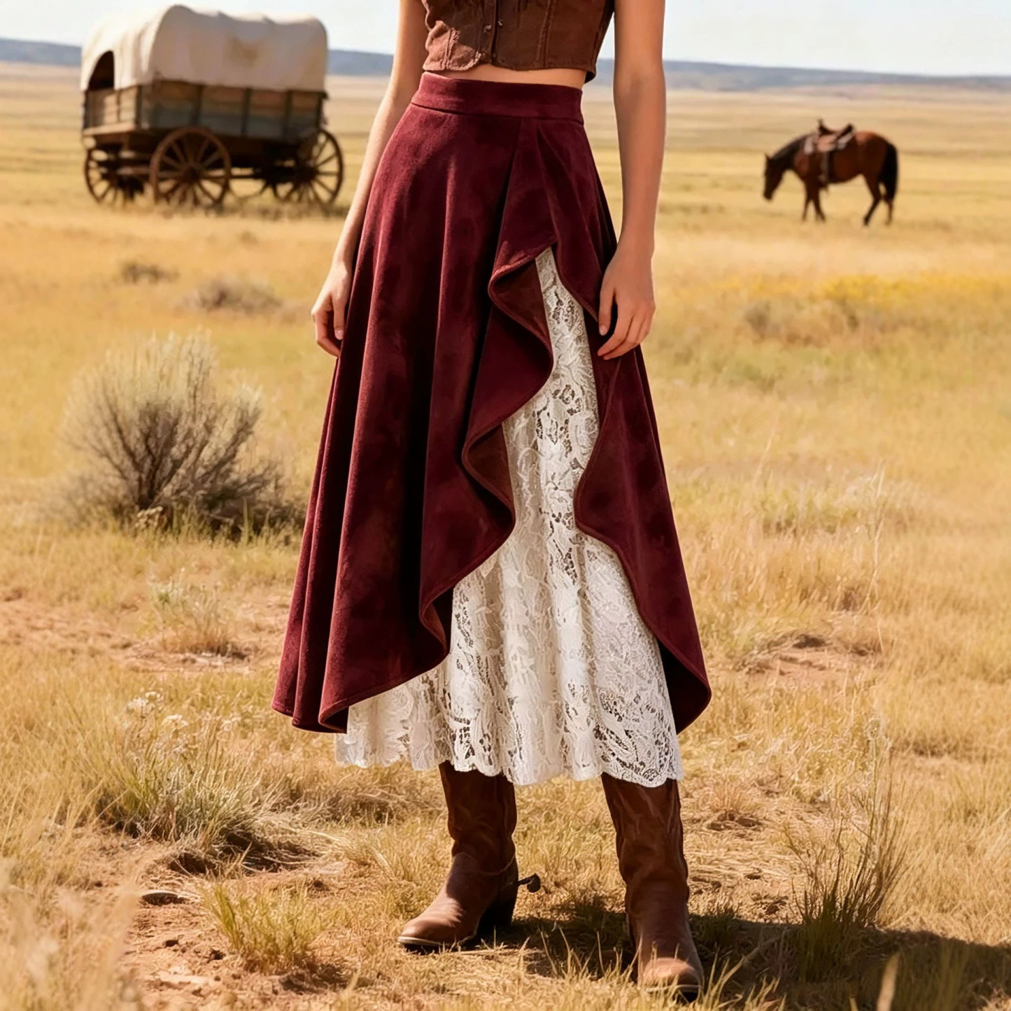 Women's High-waisted Casual Loose-fitting Faux Suede And Lace A-line Skirt