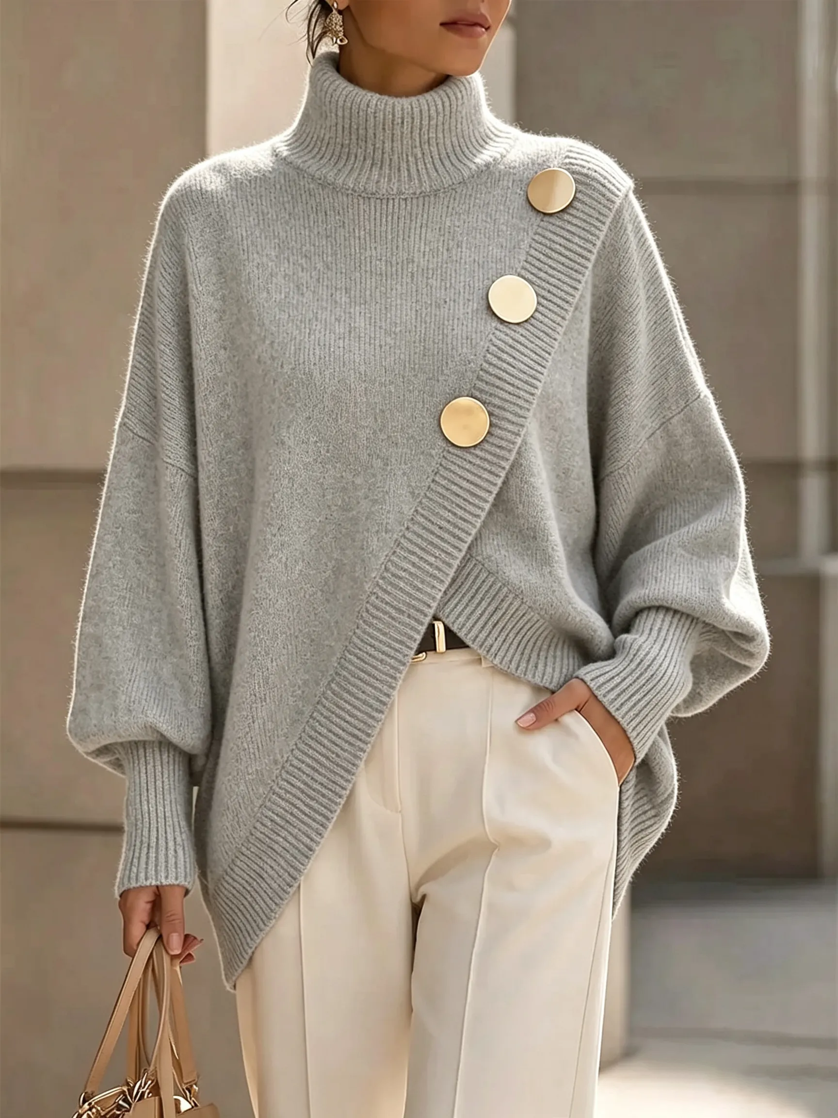 Elegant Asymmetrical Gold-Button Knit Sweater