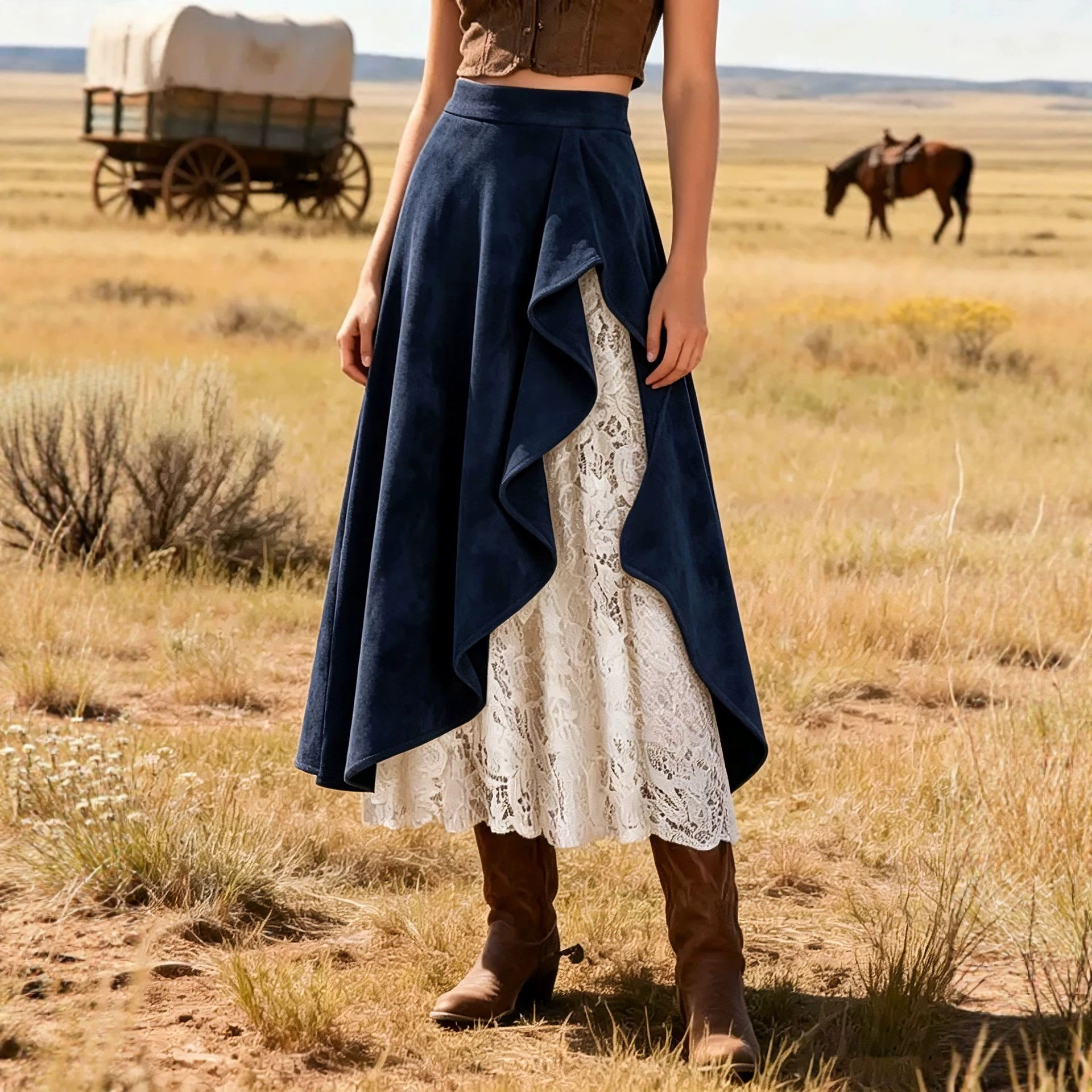 Women's High-waisted Casual Loose-fitting Faux Suede And Lace A-line Skirt