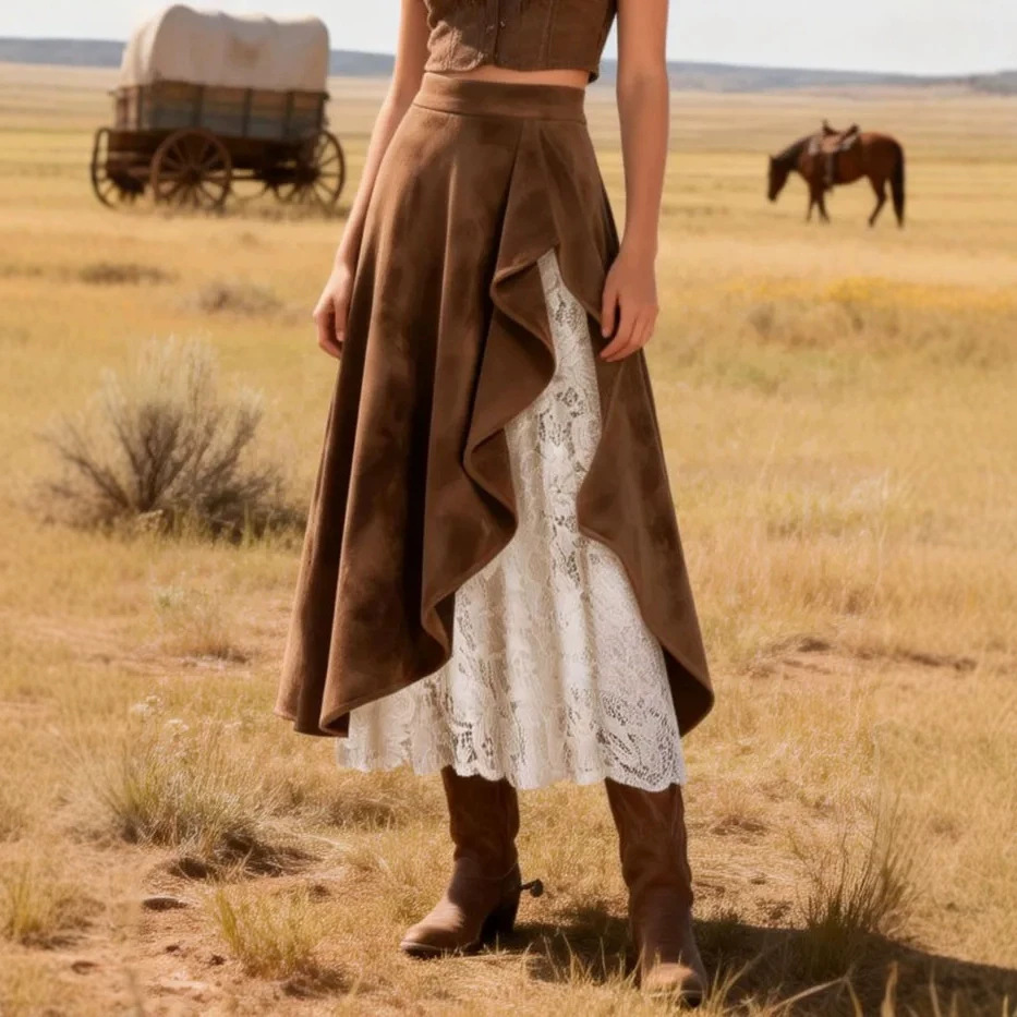 Women's High-waisted Casual Loose-fitting Faux Suede And Lace A-line Skirt