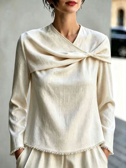 Chic Asymmetrical Draped Neckline Long-sleeve Top
