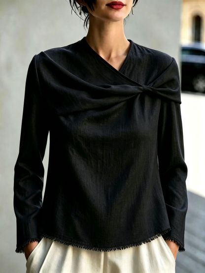 Chic Asymmetrical Draped Neckline Long-sleeve Top