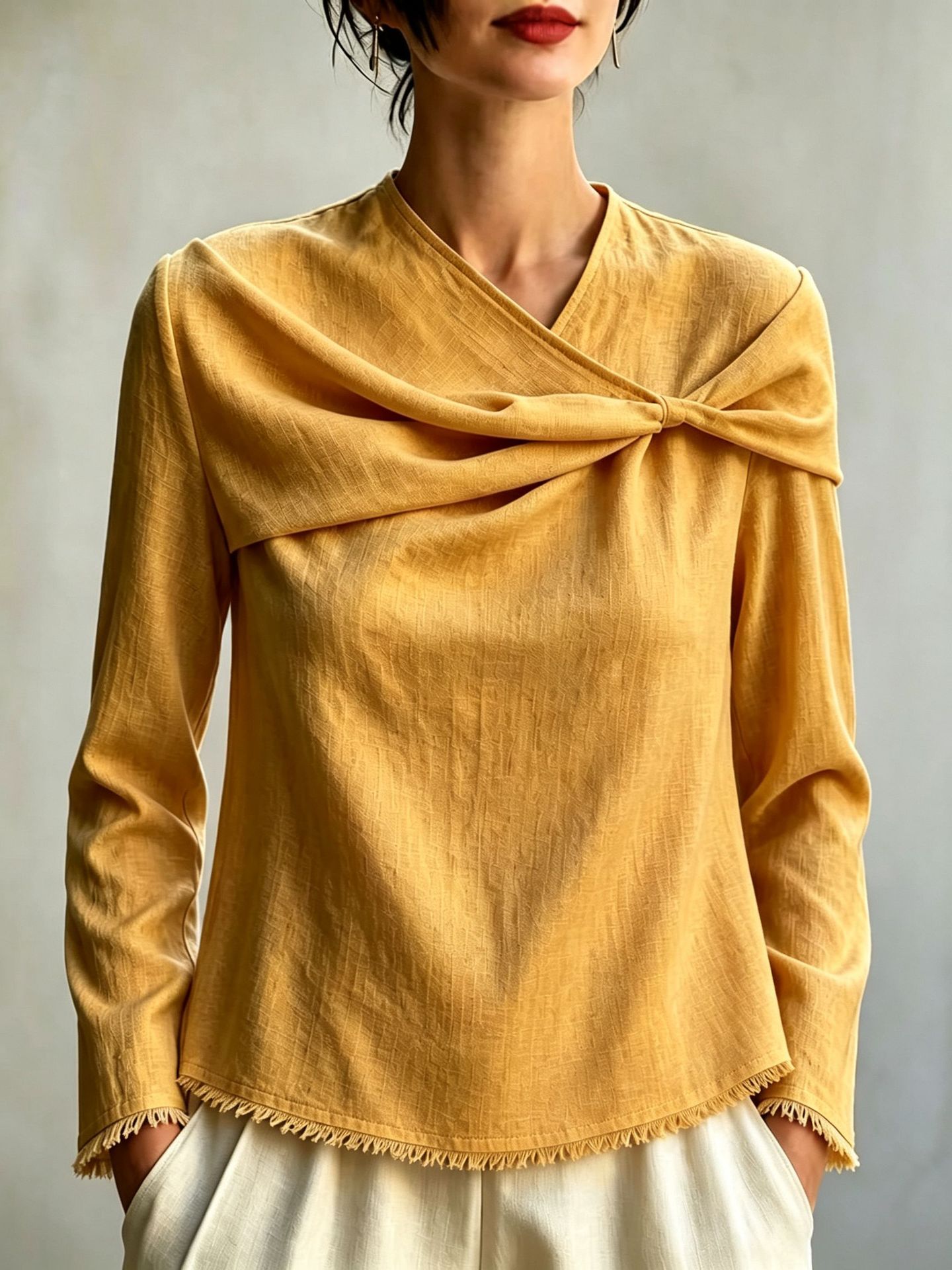 Chic Asymmetrical Draped Neckline Long-sleeve Top