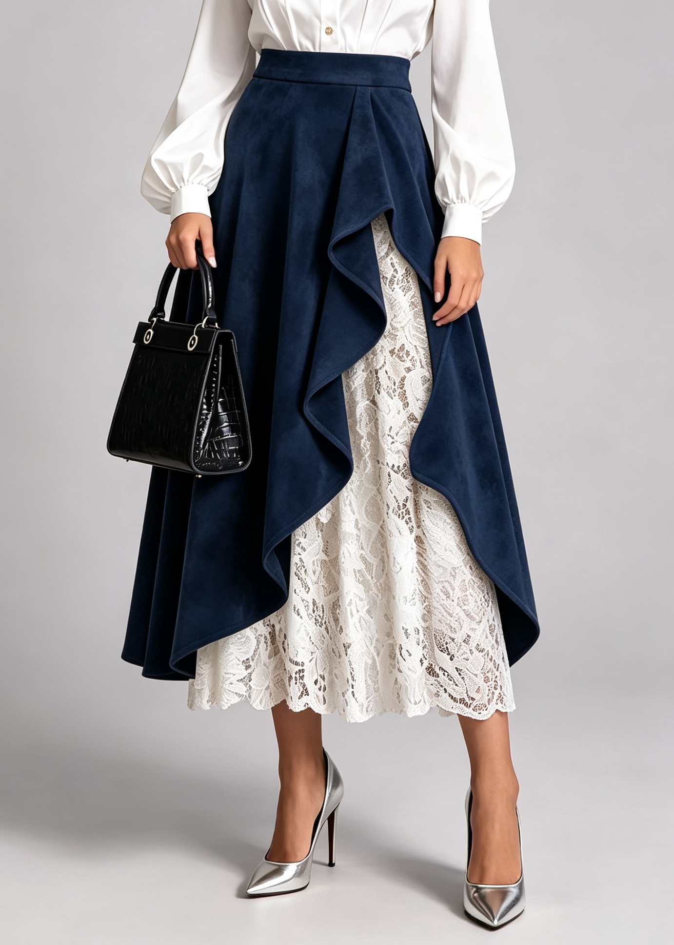 Women's High-waisted Casual Loose-fitting Faux Suede And Lace A-line Skirt