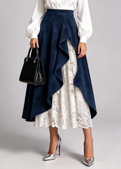 Women's High-waisted Casual Loose-fitting Faux Suede And Lace A-line Skirt