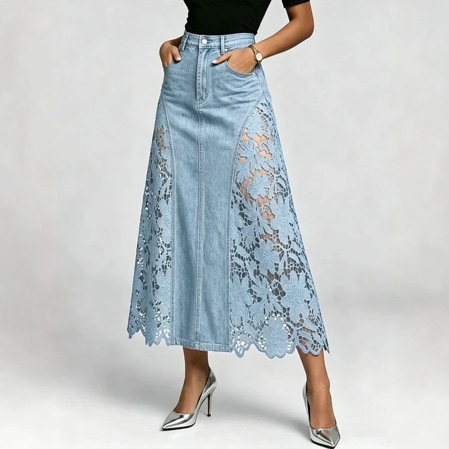 Casual Spliced lace Denim Skirt