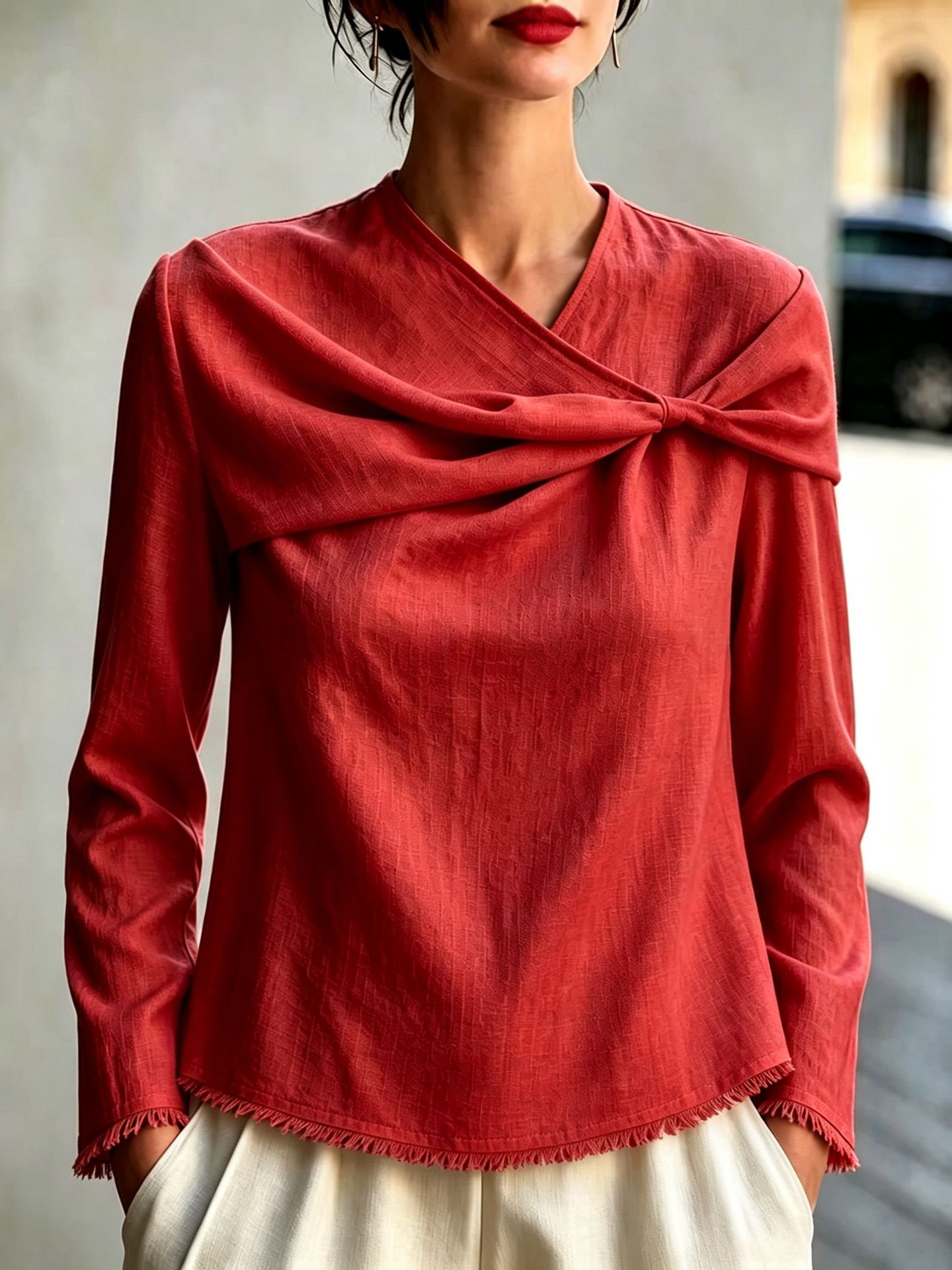 Chic Asymmetrical Draped Neckline Long-sleeve Top