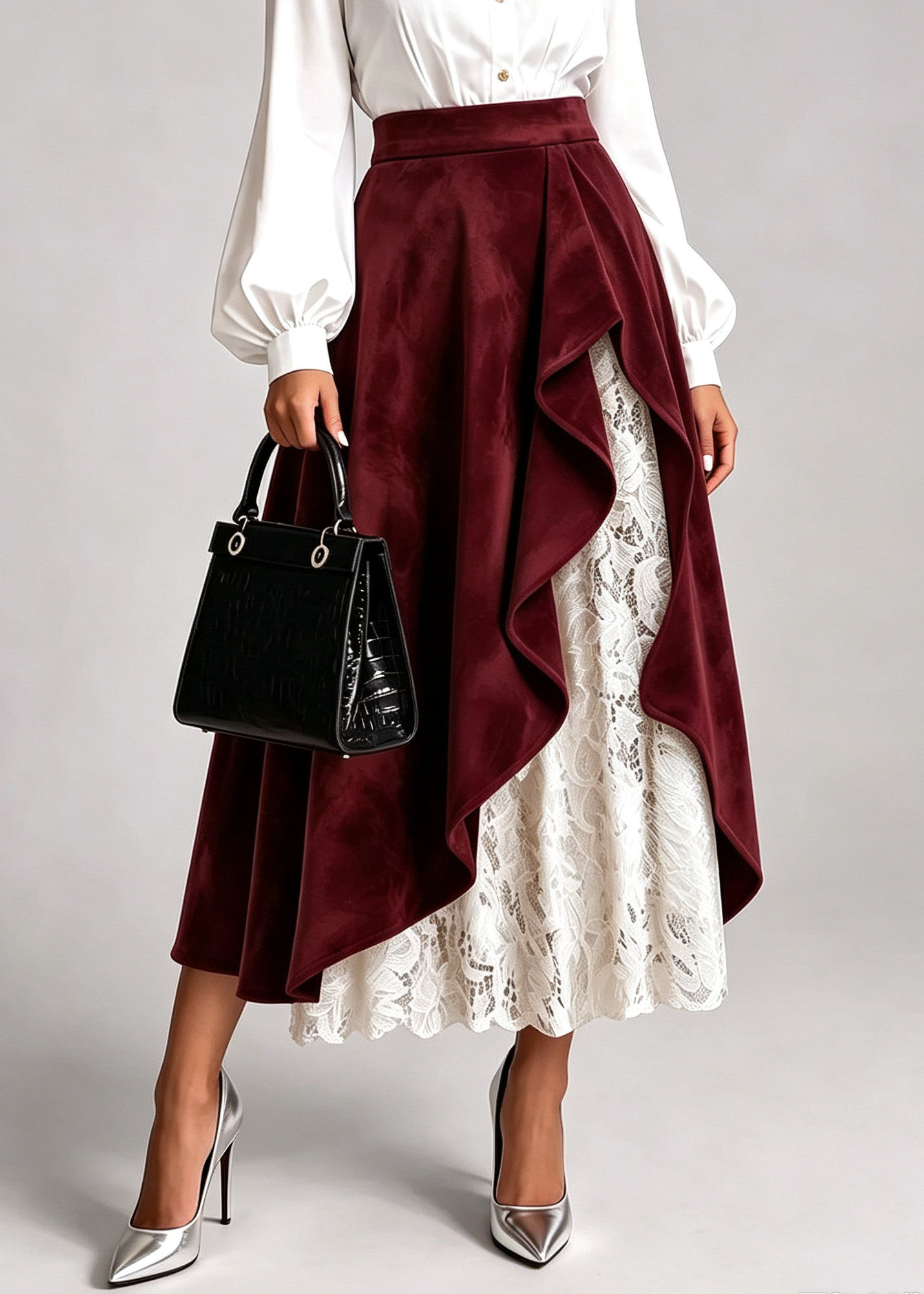 Women's High-waisted Casual Loose-fitting Faux Suede And Lace A-line Skirt