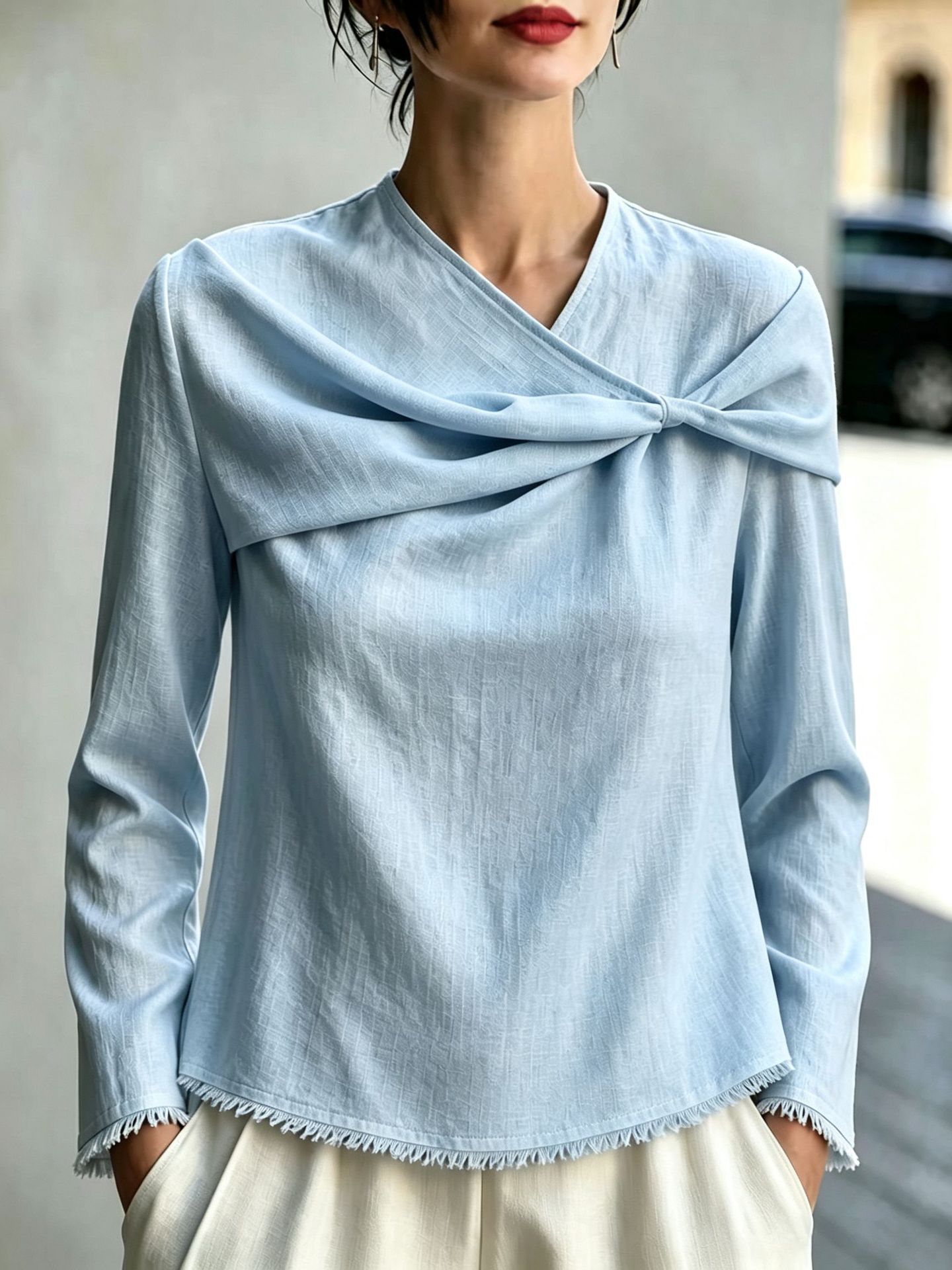Chic Asymmetrical Draped Neckline Long-sleeve Top