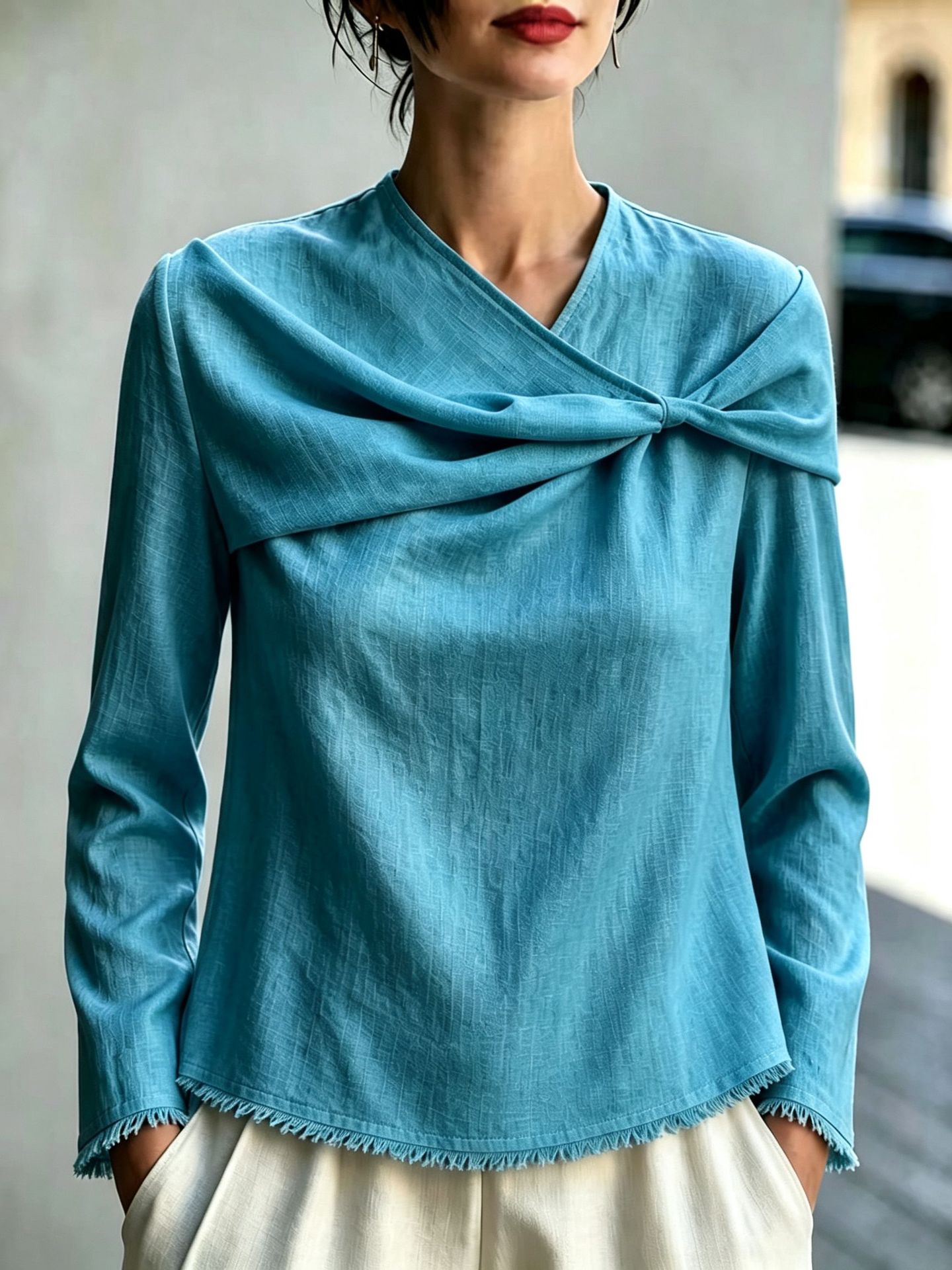 Chic Asymmetrical Draped Neckline Long-sleeve Top