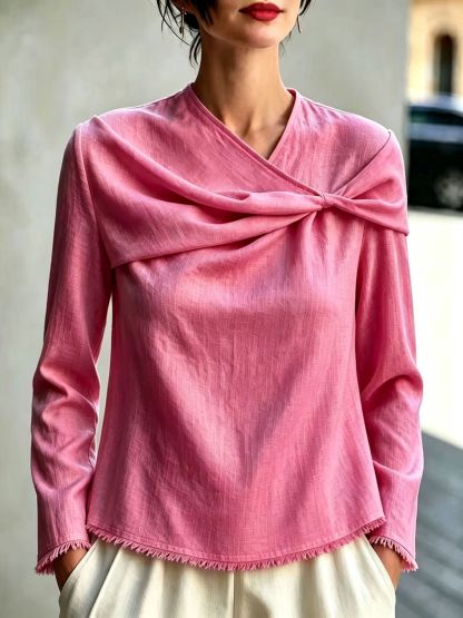Chic Asymmetrical Draped Neckline Long-sleeve Top