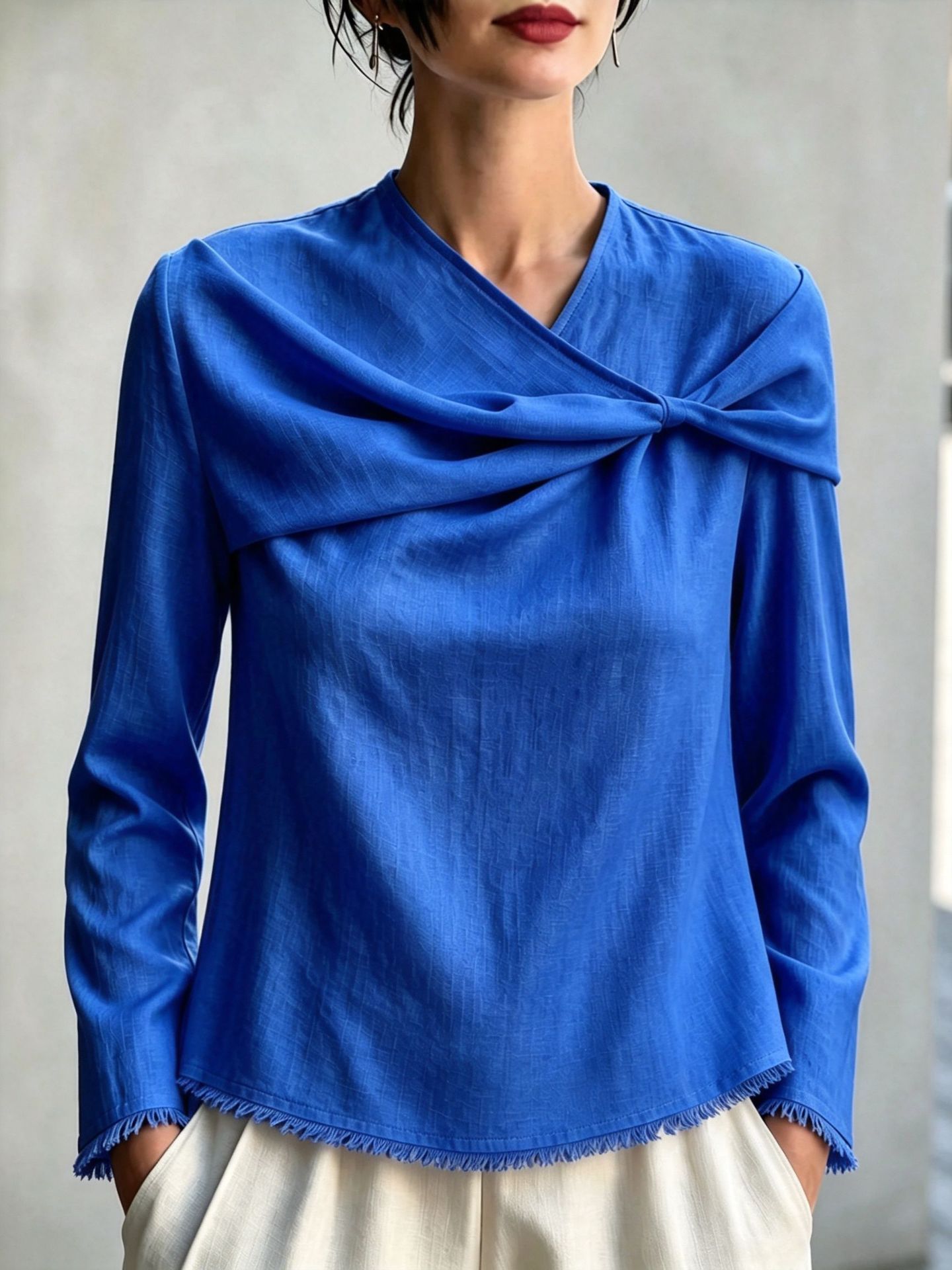Chic Asymmetrical Draped Neckline Long-sleeve Top