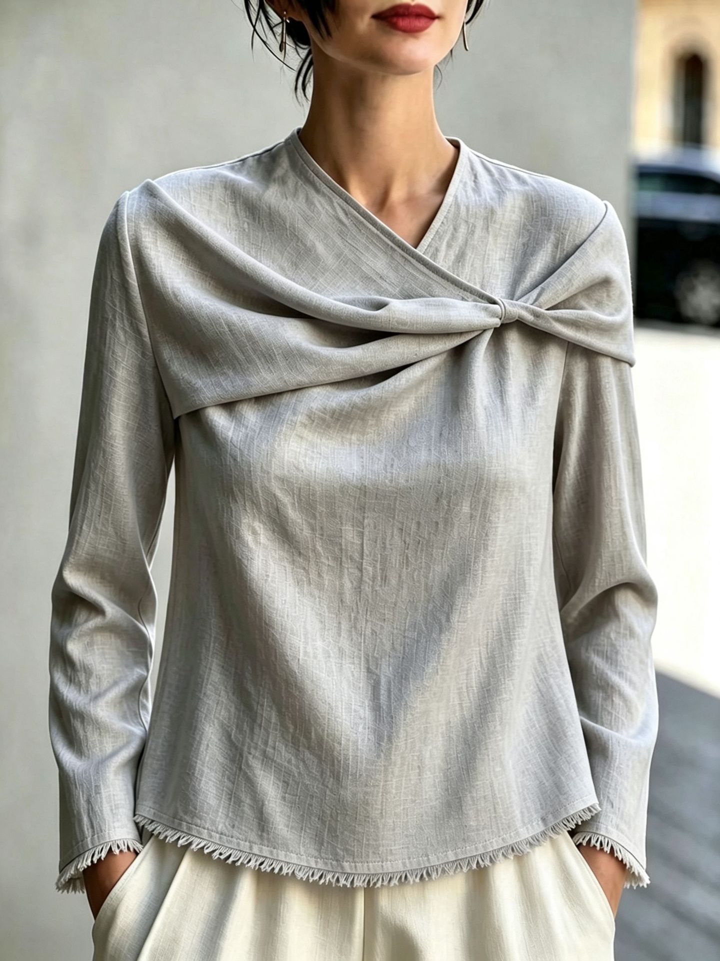 Chic Asymmetrical Draped Neckline Long-sleeve Top