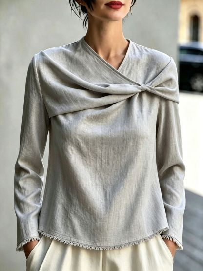 Chic Asymmetrical Draped Neckline Long-sleeve Top