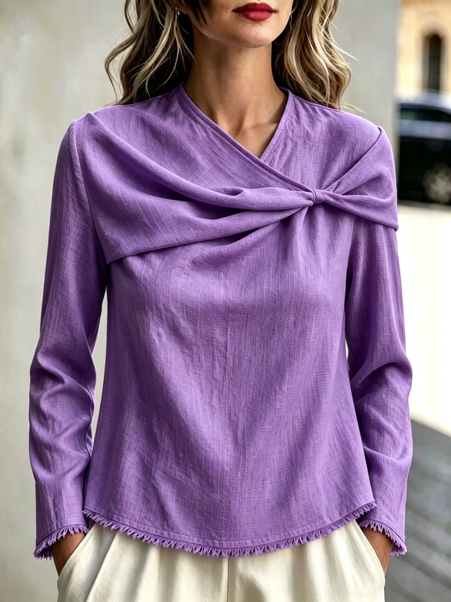 Chic Asymmetrical Draped Neckline Long-sleeve Top