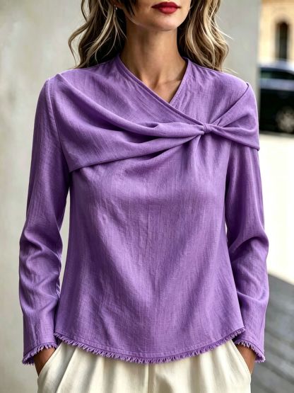 Chic Asymmetrical Draped Neckline Long-sleeve Top