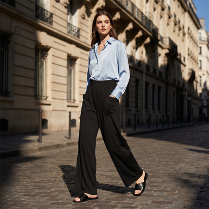 Women's Casual Wide Leg Pants – Milk Silk Fabric & Elastic High Waist 🌸