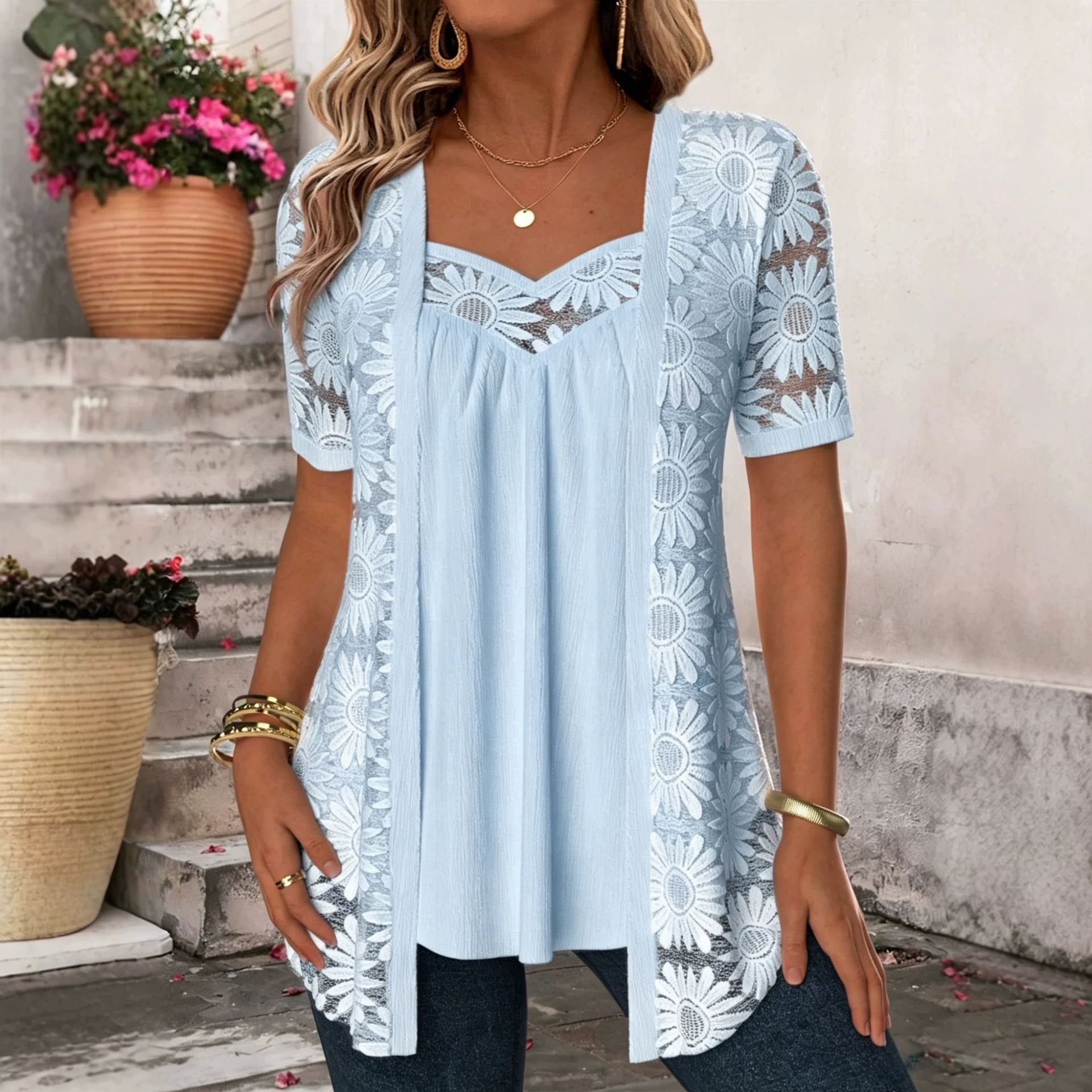 Fashionable patterned lace mesh hollow lace faux two-piece set