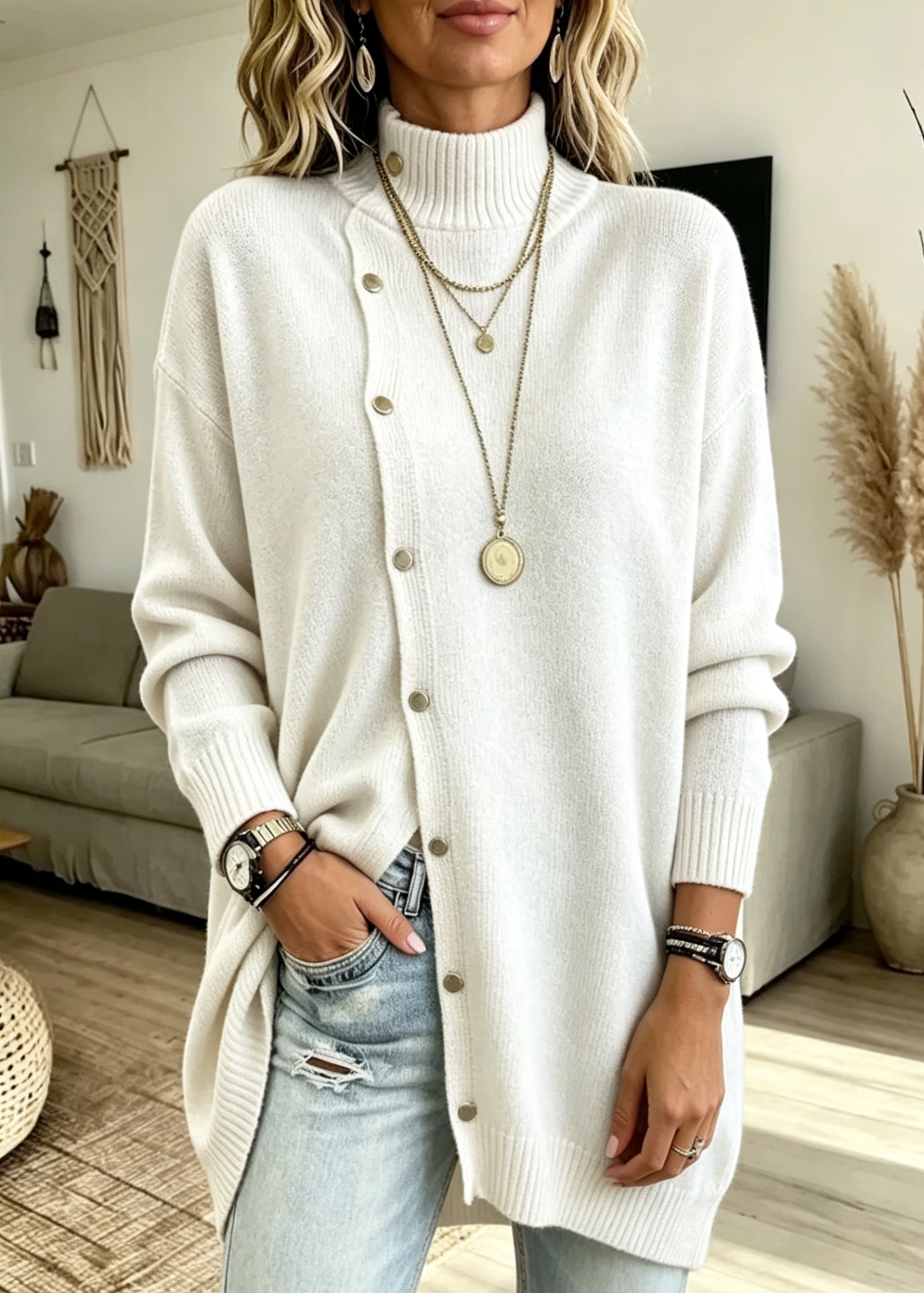 High-neck Button-up Knit Jacket