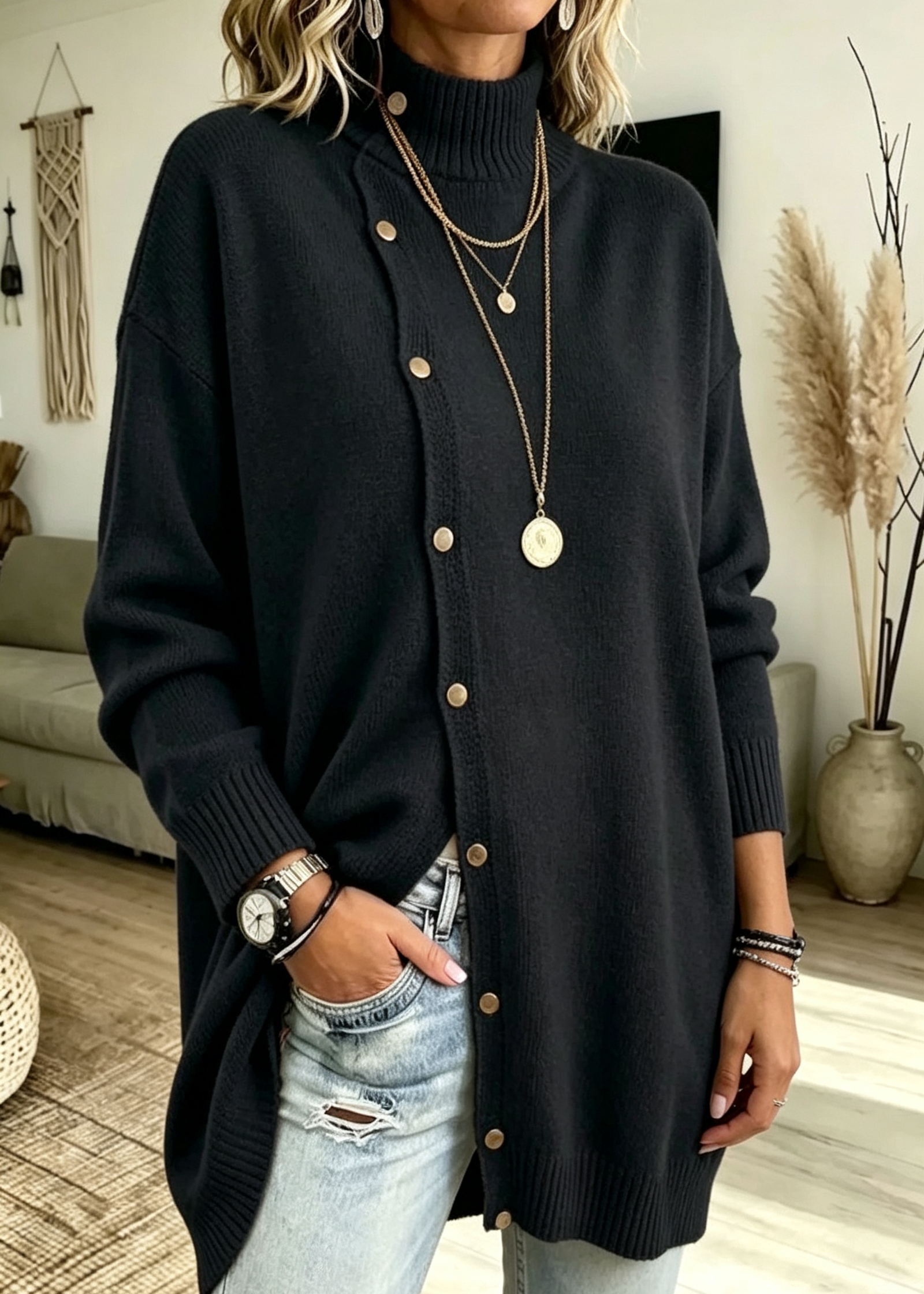 High-neck Button-up Knit Jacket