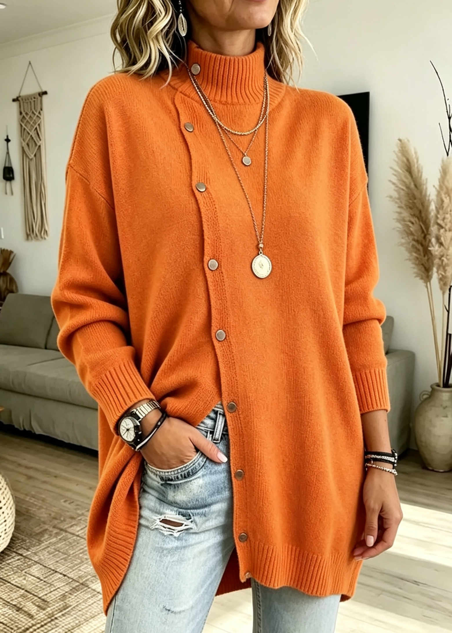 High-neck Button-up Knit Jacket