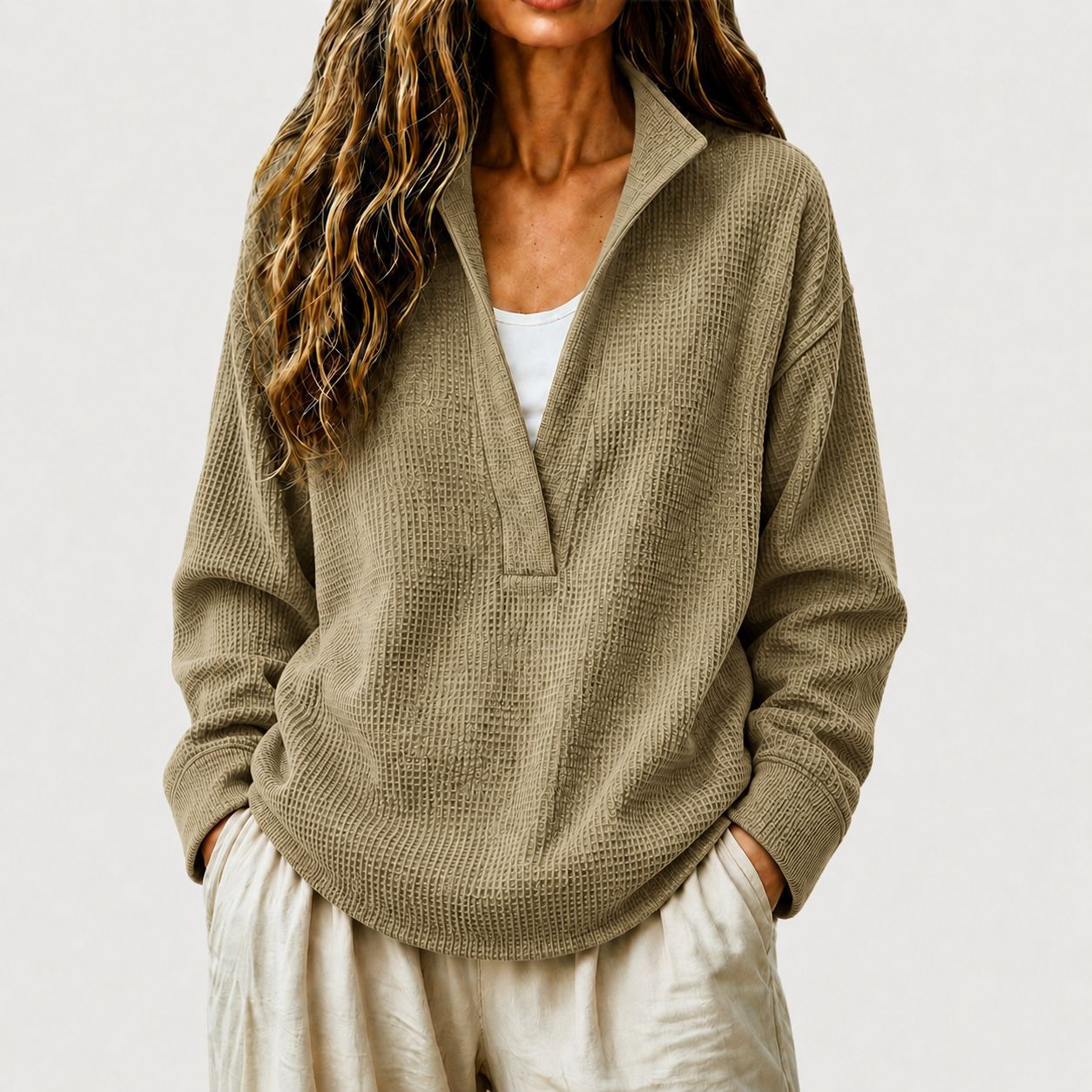 Women's Casual Waffle Knit Long Sleeve V-Neck Pullover Top Loose Fit Sweatshirt